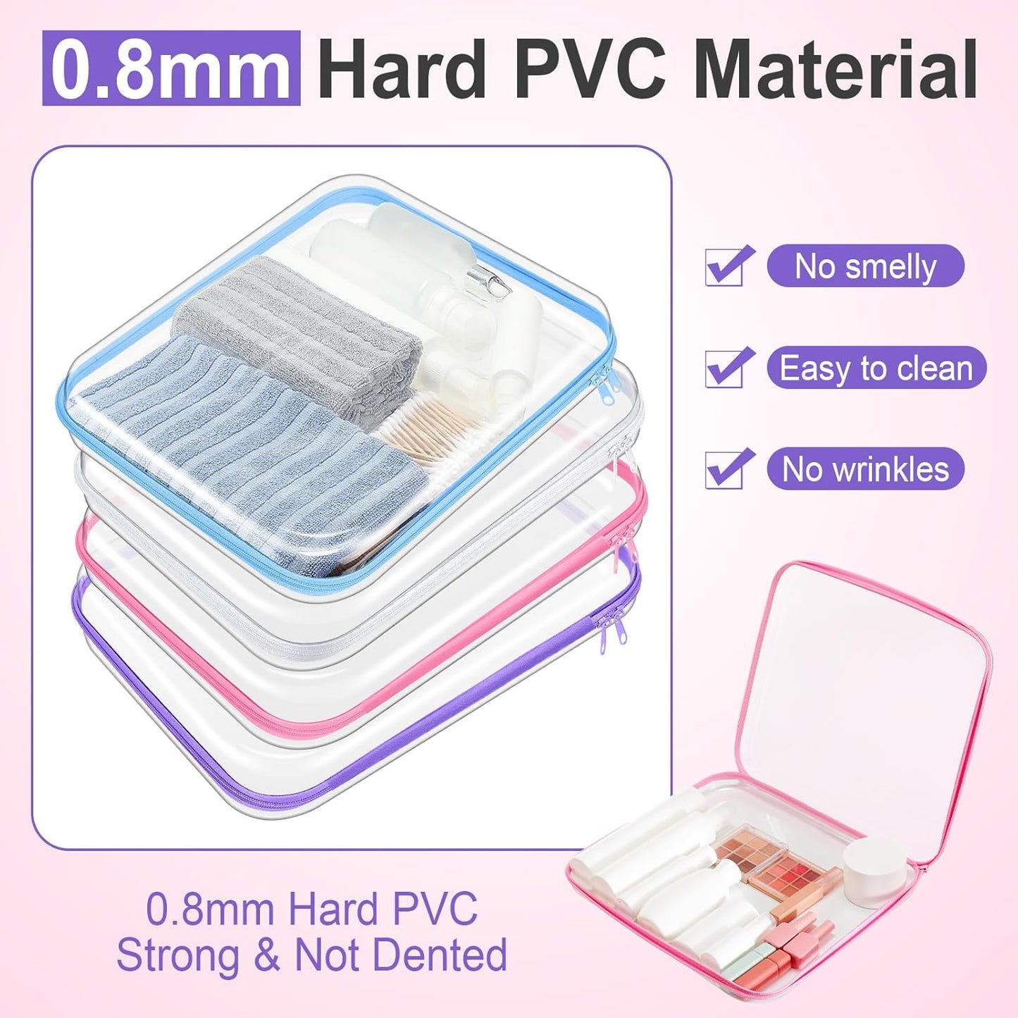 Clear Zipper Makeup Bags - 4 Pcs Hard Plastic Storage Pouches for Cosmetics & Snacks | 13.8 x 11.8 x 2 in, Multicolor