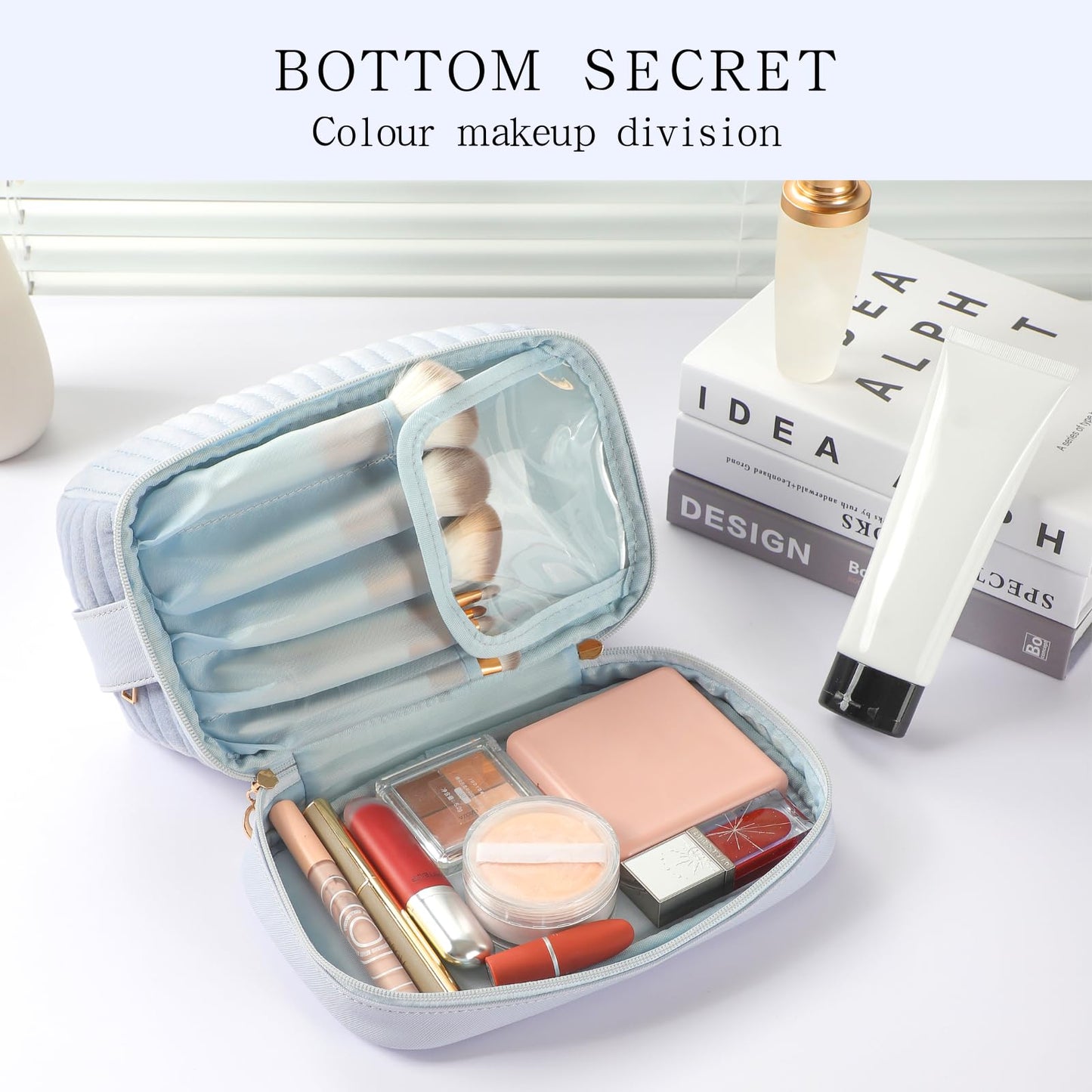 SEAMOON Large Travel Leather&Quilted Makeup Cosmetic Bag Organizer Case with Compartments Cosmetiquera Toiletry Bag(Blue)