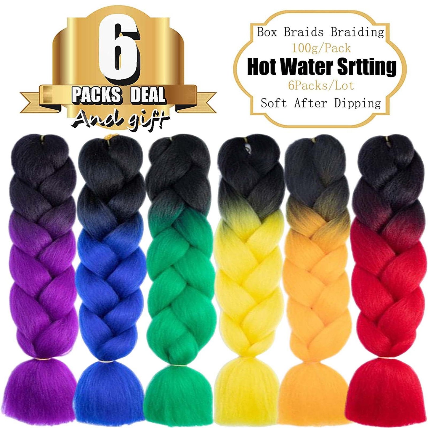 TENGSHUO FLY Rainbow Braiding Hair Extensions 6 Packs/24 Inch Synthetic Jumbo Ombre Box Braiding Hair for Women(in Black, Yellow, Orange, Green, Red, Purple, Blue) (24" 6 Pack)