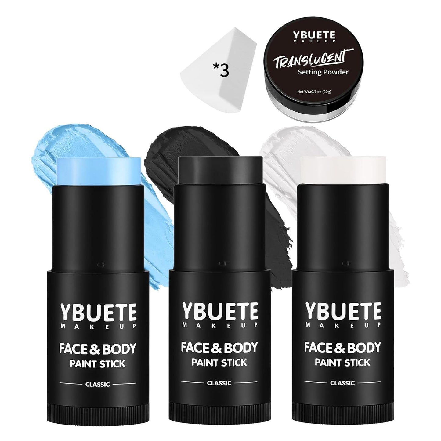 Face Body Paint Stick Set - Black, White & Light Blue | Full Coverage Halloween Makeup with Translucent Powder & Sponges