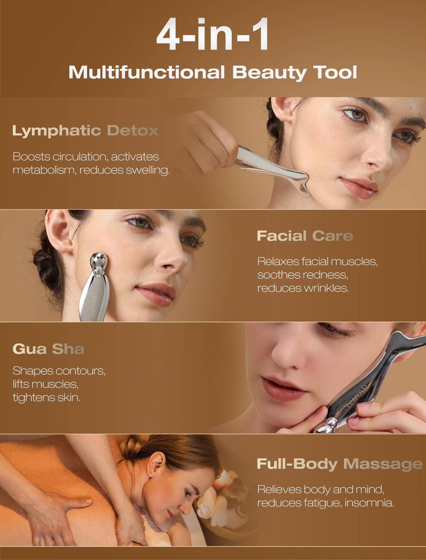 Lemove 4-in-1 Gua Sha Facial Tools, Facial Roller, Skin Care Roller with Stainless Steel, Face Ice Roller to Reduce Puffiness & Eye Strain, Relieved Facial Tension, Gift for Women and Men-Silver