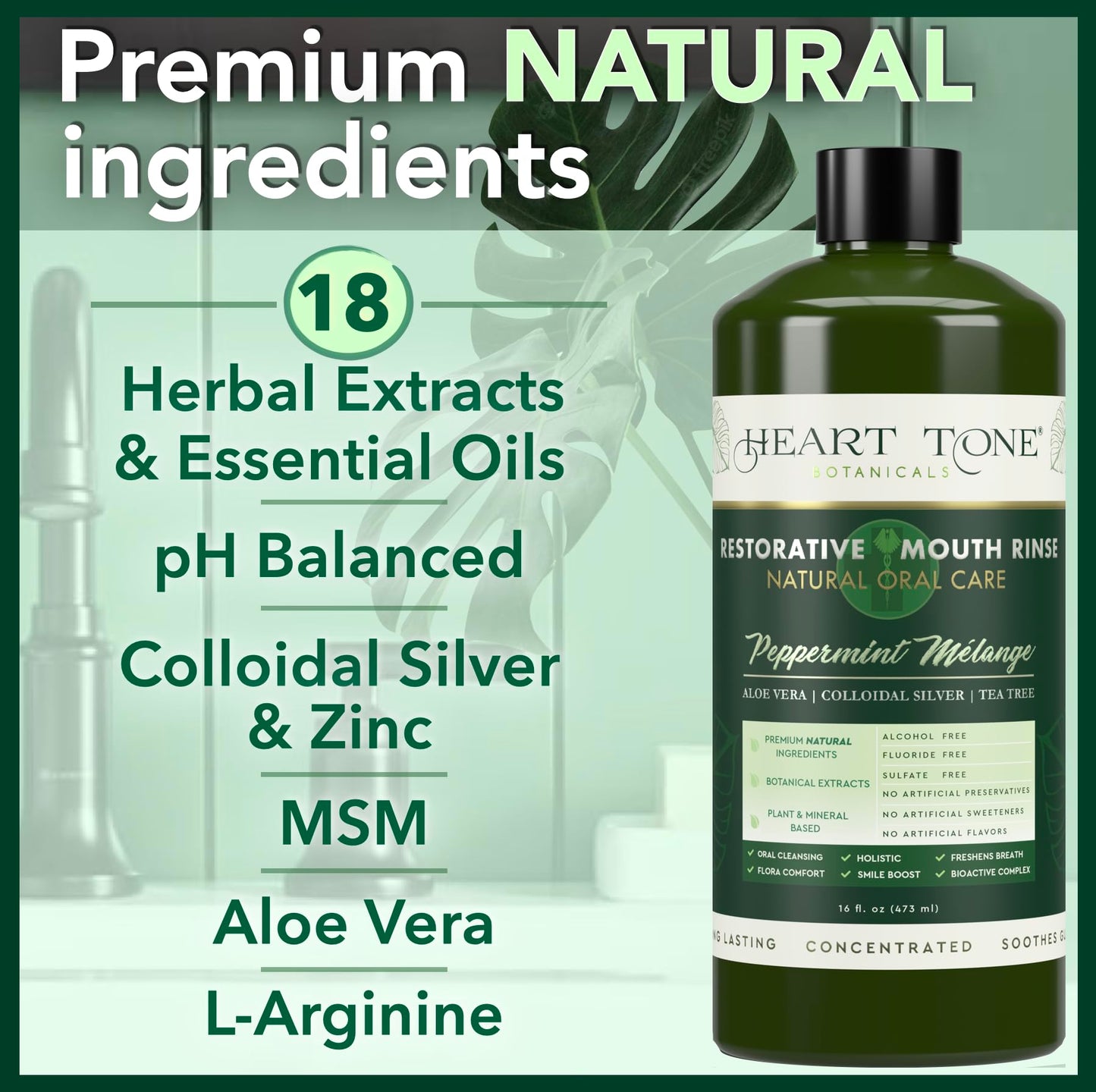 Heart Tone Botanicals Colloidal Silver Mouthwash | Nano Silver Alcohol-Free Mouth Rinse | Aloe Vera, Zinc, MSM & 18 Botanical CO2 Extracts | pH Balanced | Fluoride Free | Peppermint