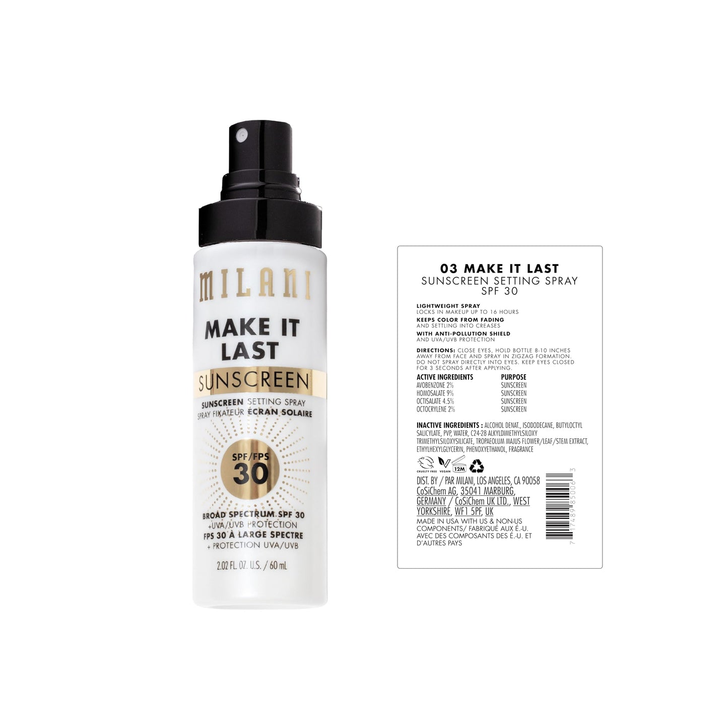 Milani Sunscreen Setting Spray + Primer, Make It Last Sunscreen for Face- SPF 30 UVA & UVB Protection Antioxidant Rich Formula for Broad Spectrum Protection, Prime + Set + Protect, 2.02Fl. Oz - 2 Pack