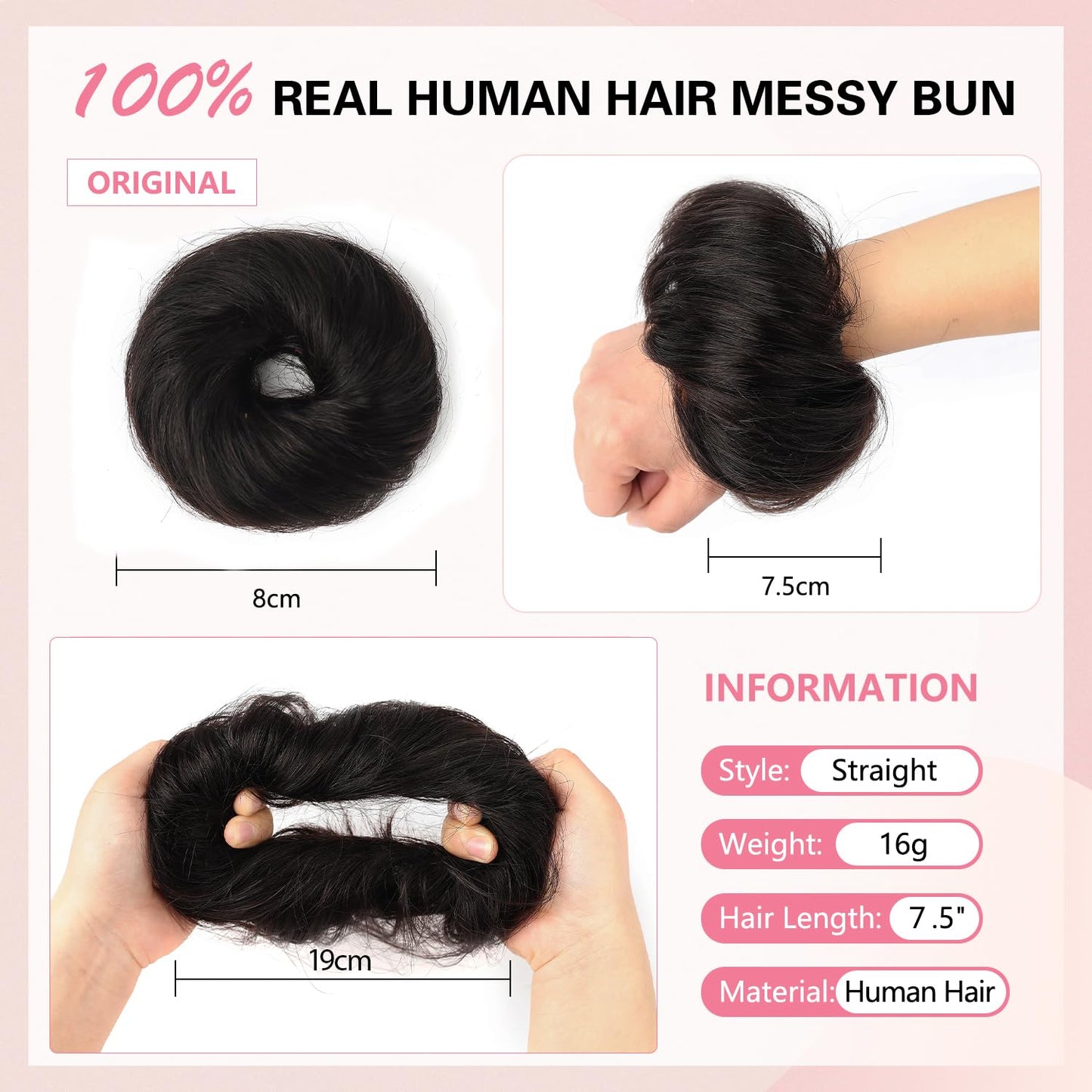 FGZJMAE Human Hair Bun #1B Natural Black Wavy Tousled Stretchy Fluffy Donut Updo Human Hair Bun Extension Chignons Scrunchies Ponytail Extensions(2 Count #1B Natural Black