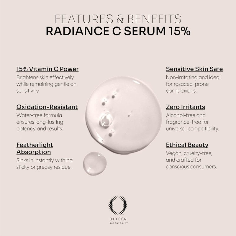 Oxygen Botanicals Radiance C Serum 15%, antioxidant formula to rejuvenate and protect the skin, minimizes dark spots, pigmentation and blemishes, alcohol-free-30ml (Radiance C Serum)