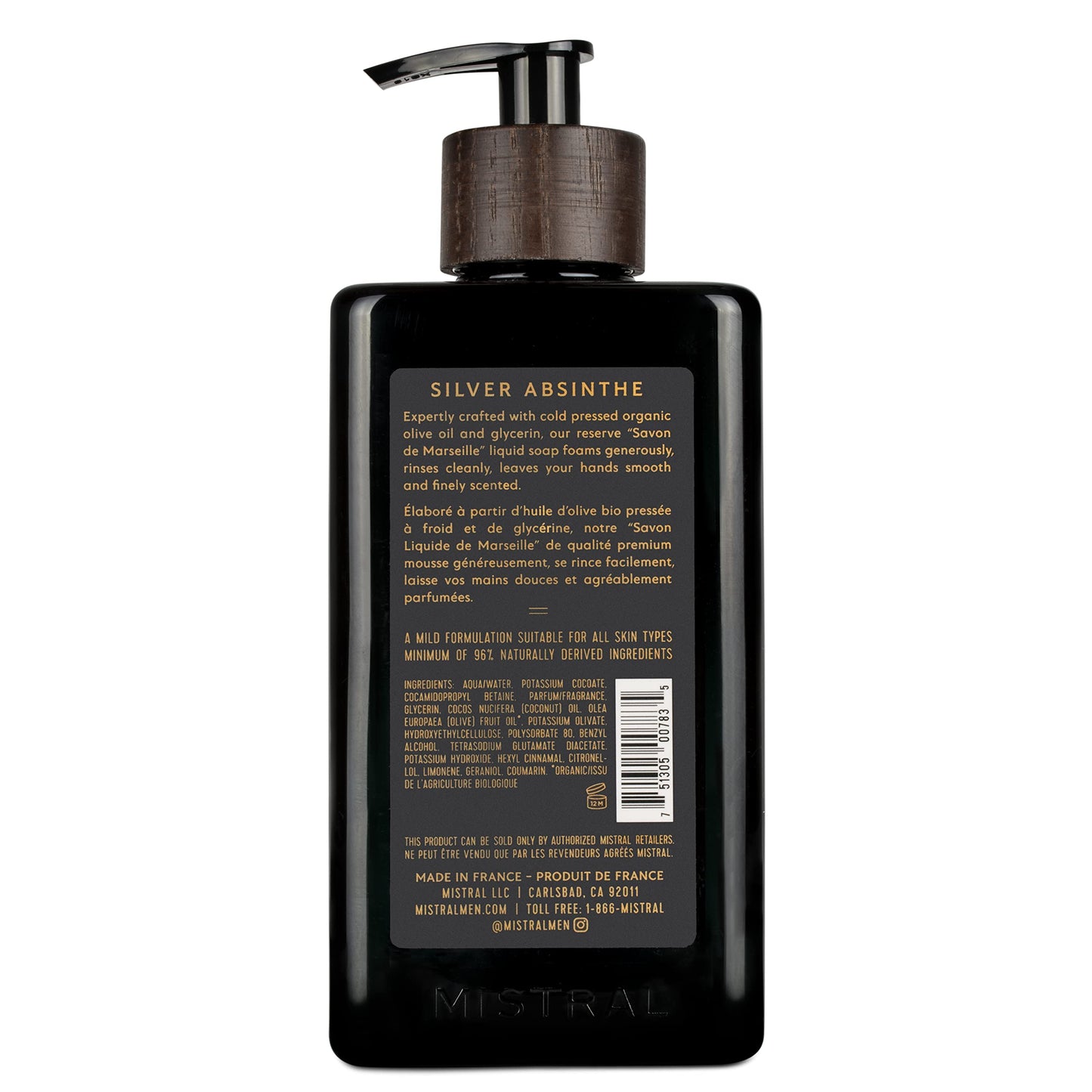 Mistral Silver Absinthe Liquid Hand Soap for Men | Luxury Moisturizing Handsoap with Organic Olive Oil, Glycerin and Coconut Oil | Rich Lather | Paraben-Free | Made in France – 16.9 Fl Oz