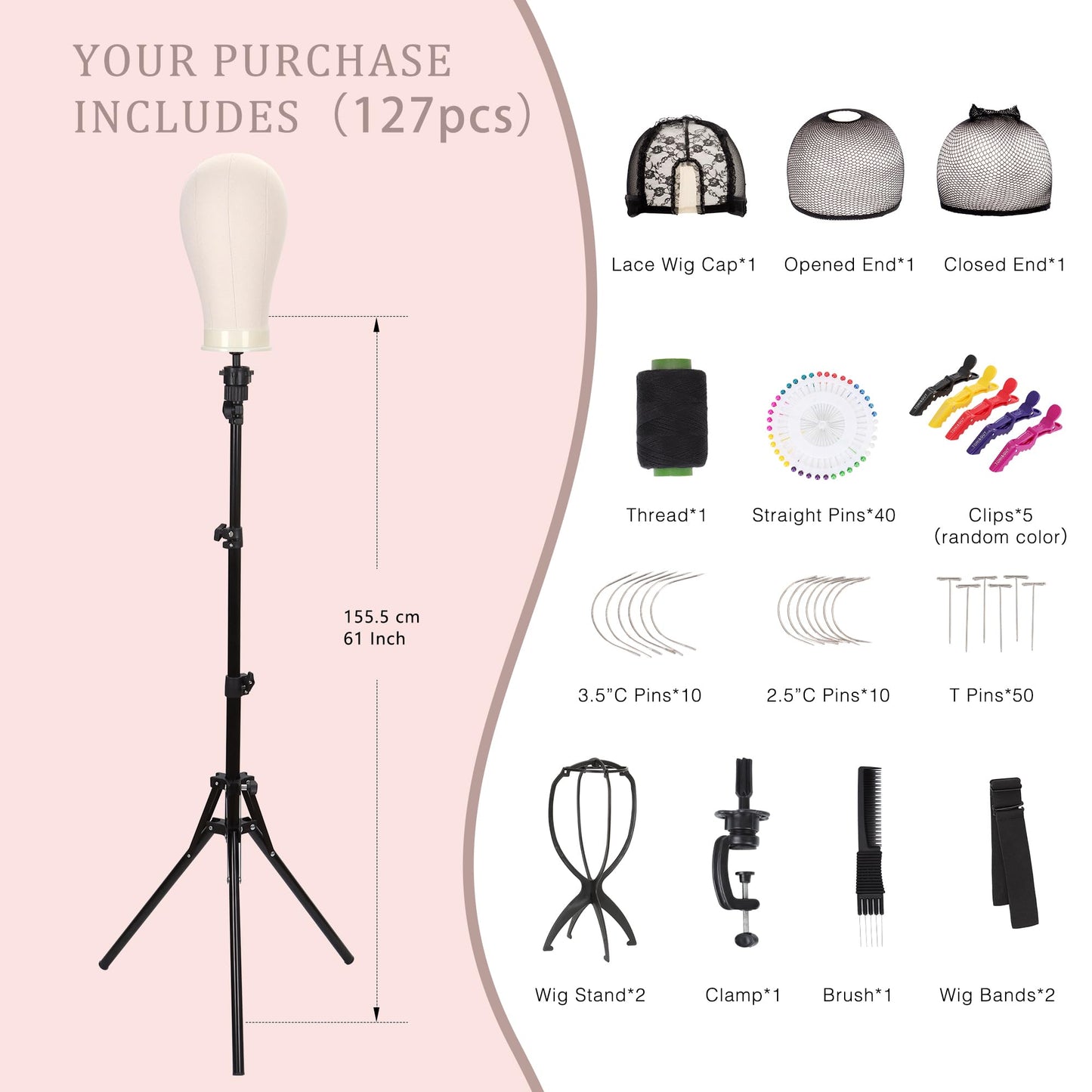 Wig Stand with Head 22 Inch Canvas Mannequin Head Set, 61'' Adjustable Tripod Wig Head Stand for Wig Making, Styling, Braiding, Professional Wig Mannequin Head Kit with T Pins, Wig Caps & Tools