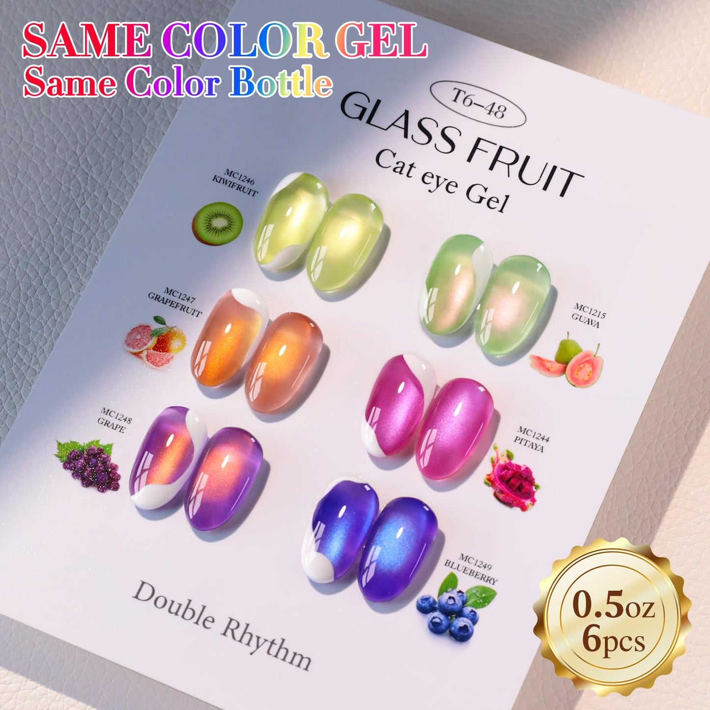Double Rhythm Fruit Cat Eye Gel Nail Polish Set of 6 Same Color Same Bottle 0.5 Oz Shimmer Glitter with Magnet Holographic Reflective Magnetic UV Polish Kit at Home (Glass Rose Pink Green-T6-48)
