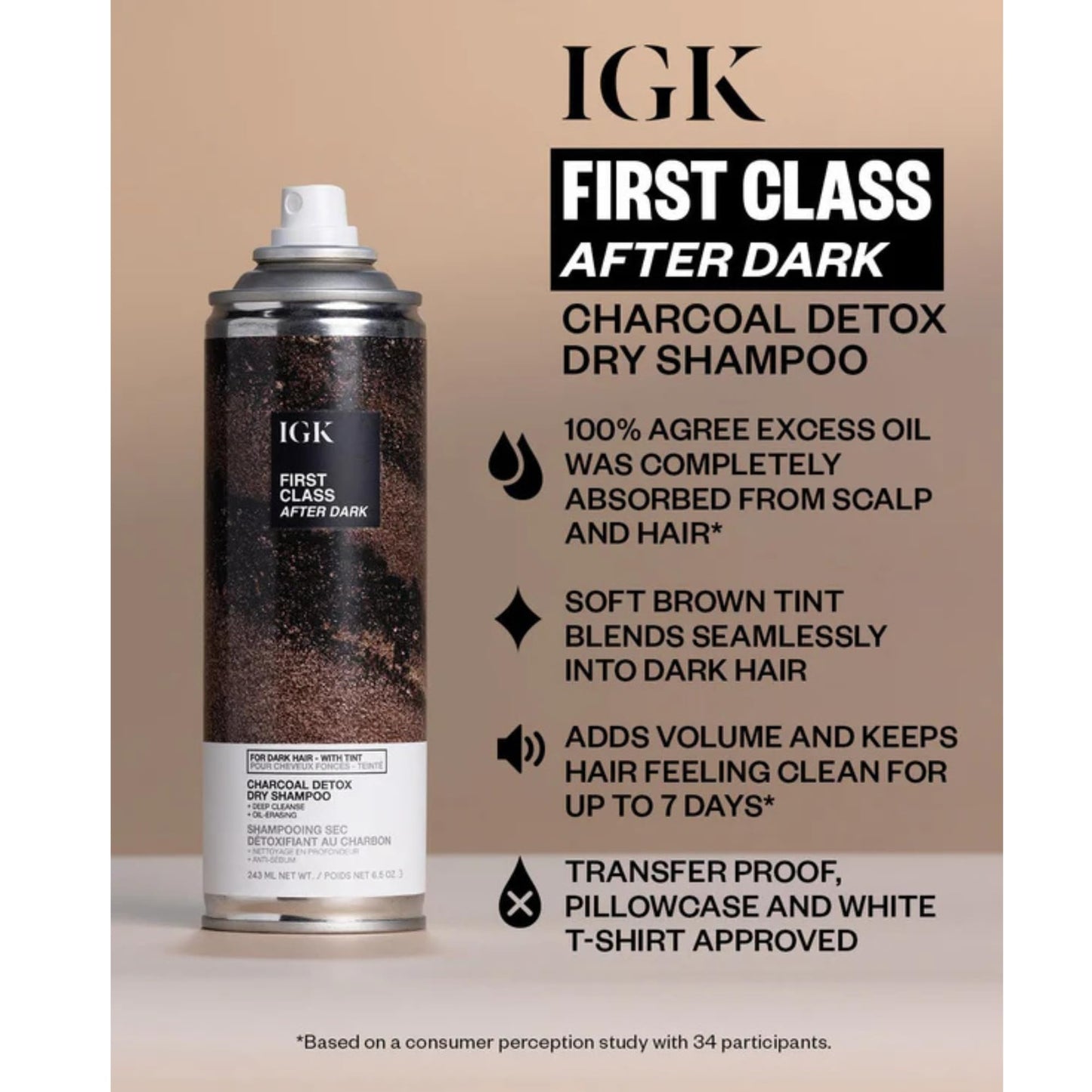 IGK First Class After Dark Charcoal Detox Dry Shampoo for Dark & Brunette Hair | Brown Tint No White Residue Spray Adds Volume + Texture | Oil Absorbing & Odor Eliminating Formula | 6.5oz