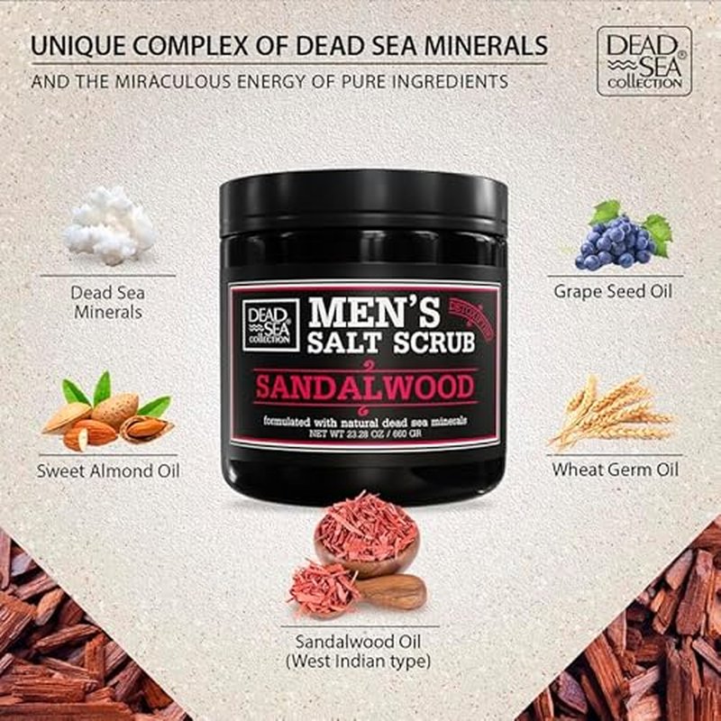 Salt Body Scrub Sandalwood For Men ? Moisturizes, Exfoliates & Nourishes Skin ? Cleanses & Detoxifies with Dead Sea Minerals - Dead Sea Collection ? 23.28 OZ
