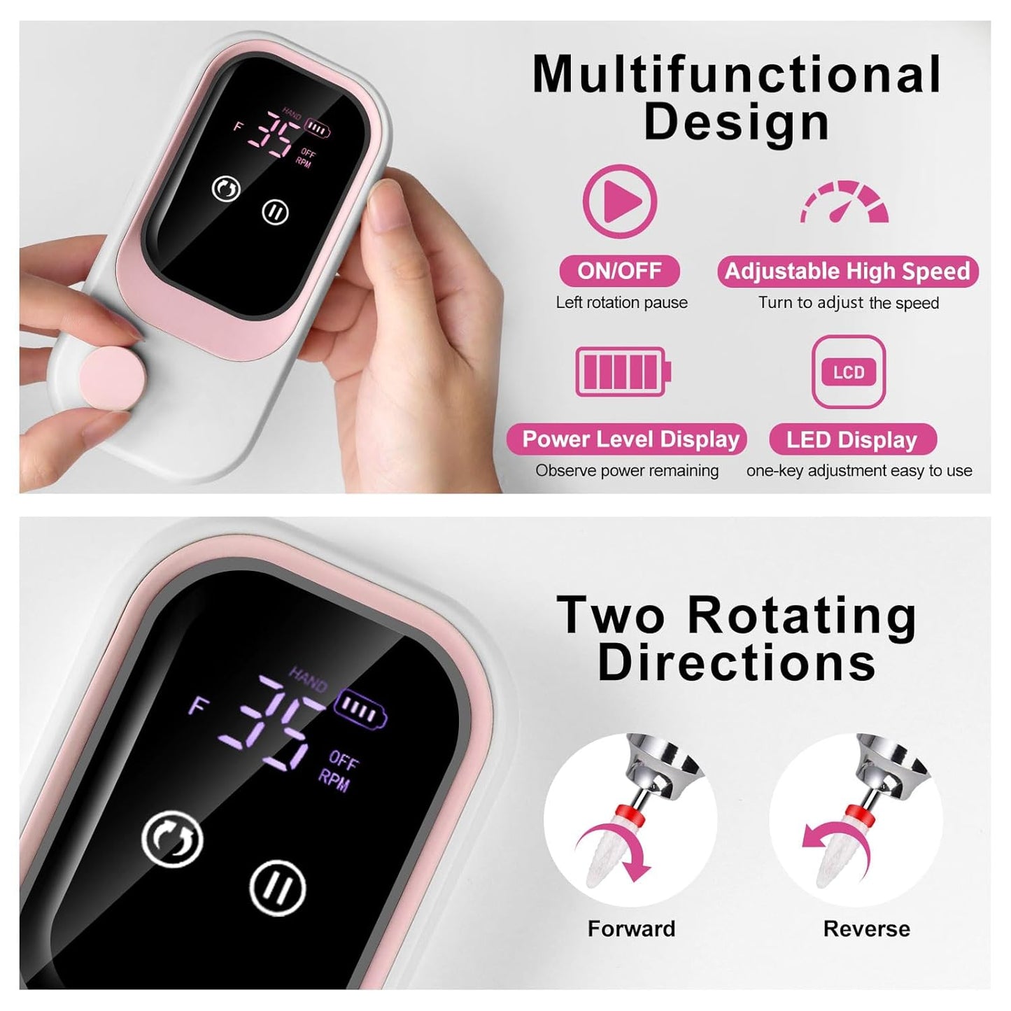 Electric Nail Drill - Professional 35000RPM Pink Nail File with Rechargeable Base & Bits | Essential for Acrylic Nails & Salon Use