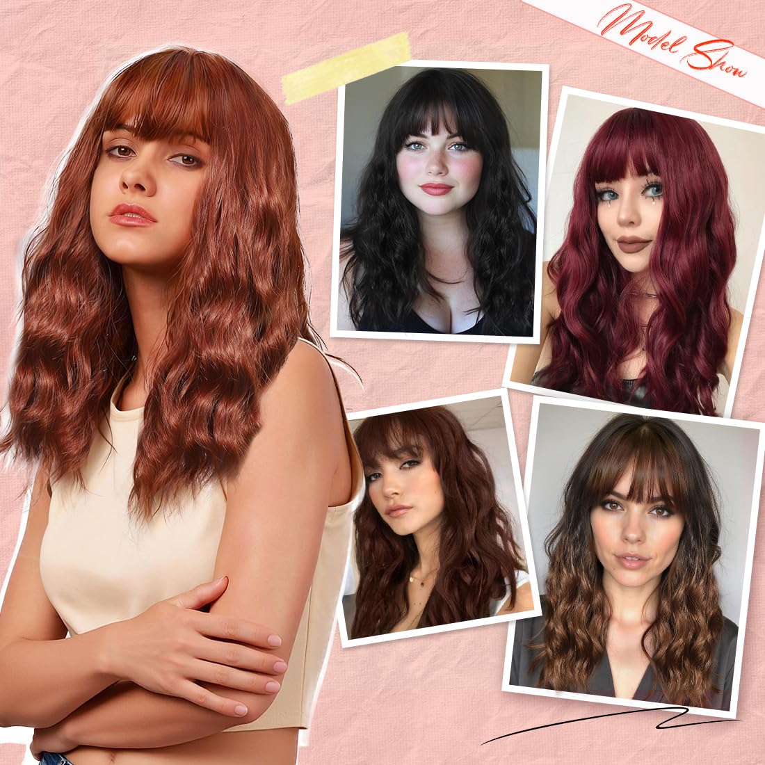 iAelev Wigs With bangs Brown Highlight 12 Inch Short Length Wigs for Women - Middle Part Synthetic Wavy Hair with Upgraded Strands, Natural Hair for Daily Party & Halloween Use793-X33H30