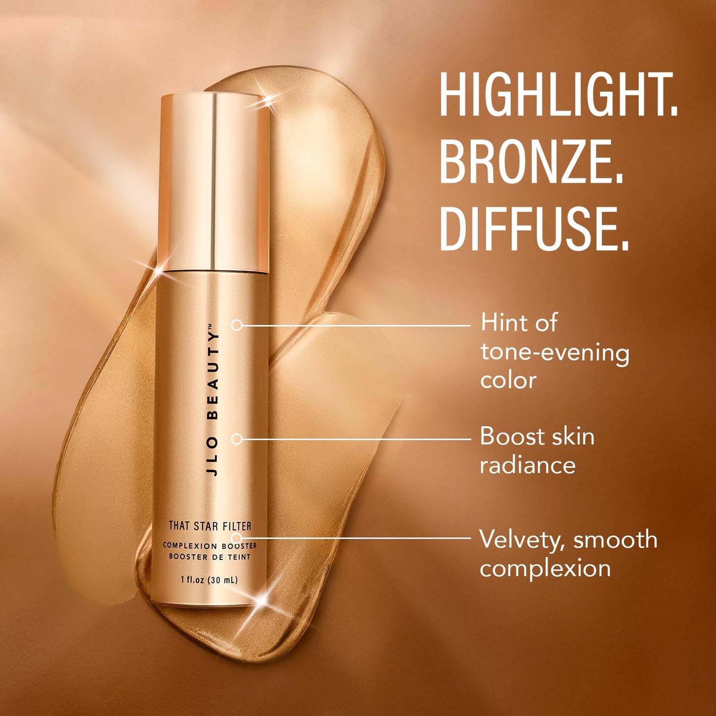 JLO BEAUTY Makeup Highlighter & Bronzer for Face & Body, Liquid Complexion Booster, Illuminating Primer Glow Drops with Vitamin E, Sheer Dewy Skin Tint, That Star Filter, Pink Champagne, 1 Fl Oz