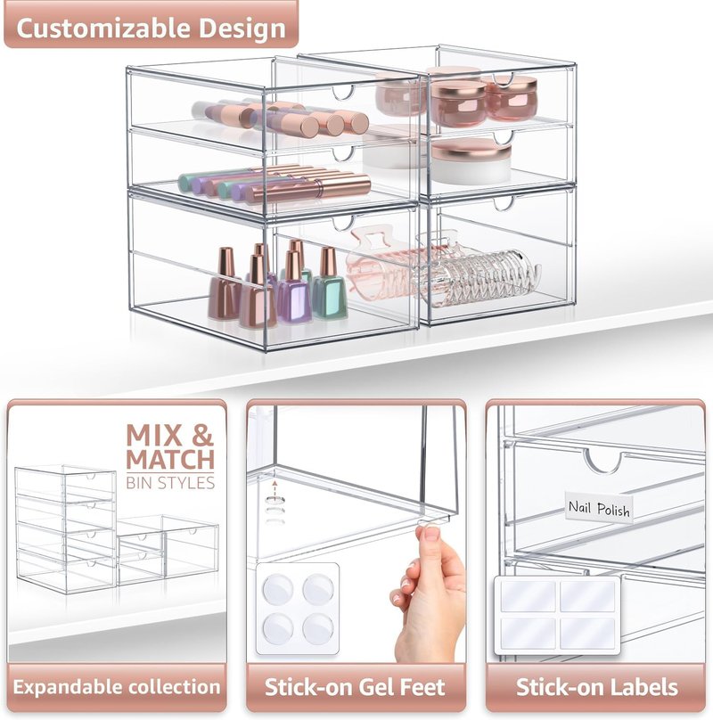 Acrylic Makeup Organizer With 6 Drawers - Stackable Storage Bins for Makeup, Office Supplies & Jewelry | Clear Design