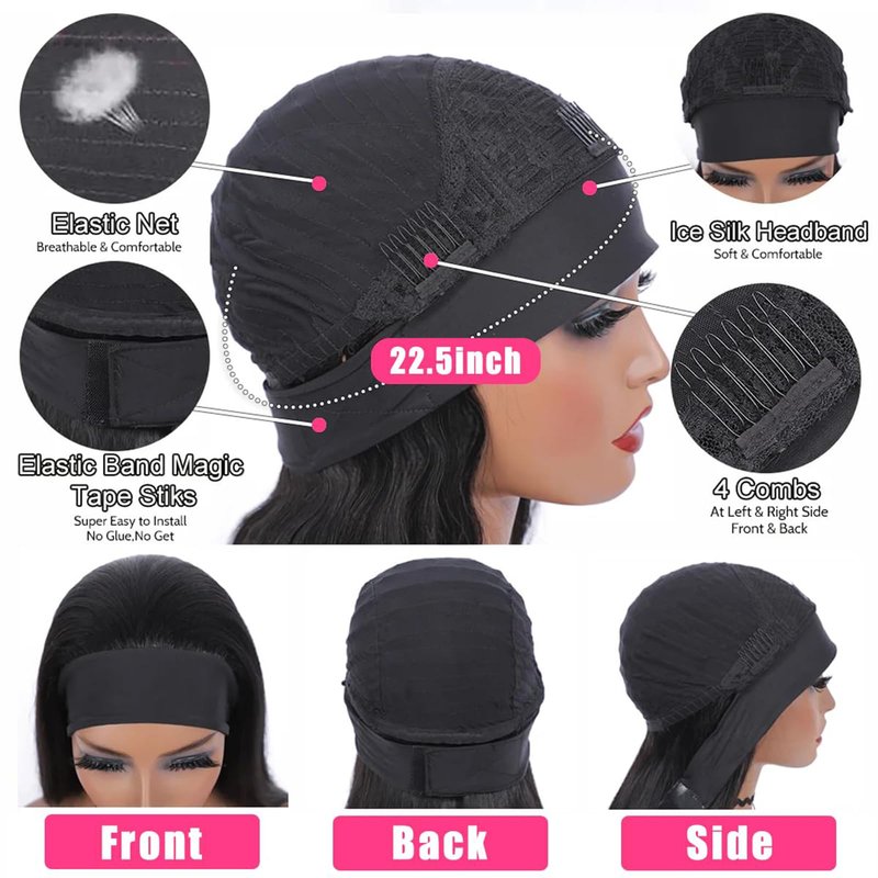 Hertune Body Wave Headband Human Hair Wig 12 Inch Headband Wigs for Black Women None Lace Front Wigs Brazilian Virgin Human Hair Glueless Machine Made Headband Wigs Natural Color