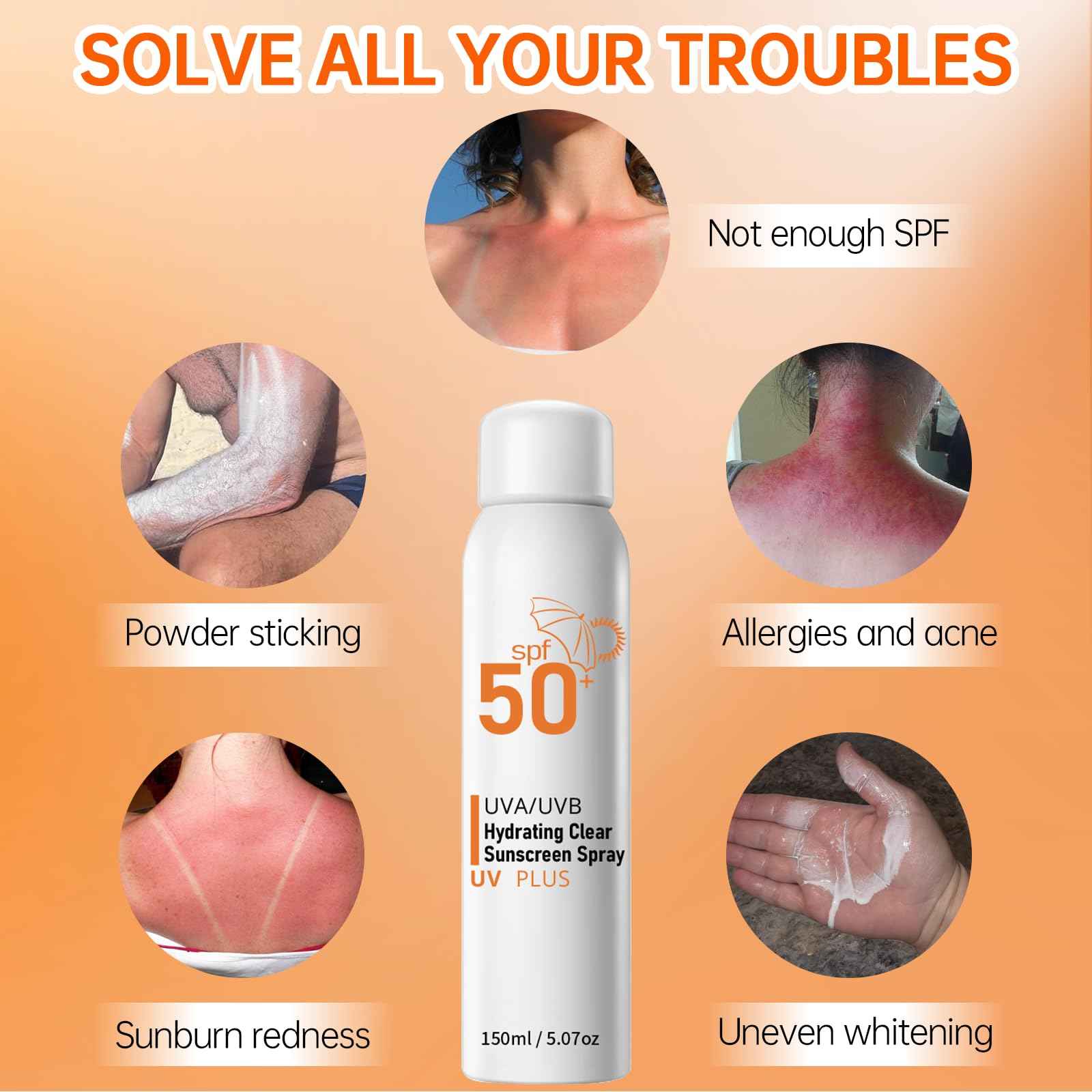 Sunscreen Spray SPF 50+ for Face & Body, Reef Safe Sunscreen Spray, Broad Spectrum UVA/UVB Sunblock, Oxybenzone-Free, Non-Comedogenic, Oil-Free, Water Resistant, 5.07oz Travel Size (2 pack)