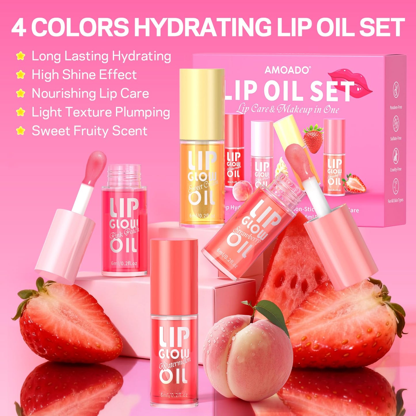 AMOADO Lip Oil, Tinted Lip Glow Oil – Hydrating & Nourishing, Lip Oils Gift Set, Fruity Lip Oils Gloss Non-Sticky & Glossy Finish, 4 Colors Lip Gloss for Girls and Women - Party Favor