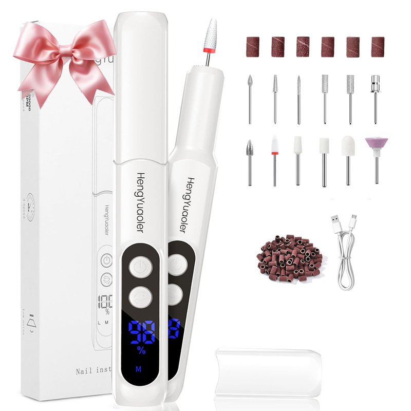HengYuaoler Electric Nail Drill Professional Manicure Pedicure Kit Acrylic Nail Drill Machine for Gel Cordless Nail File Machine Toe Nail Tools 3 Speeds Thick Toenail Grinder(White