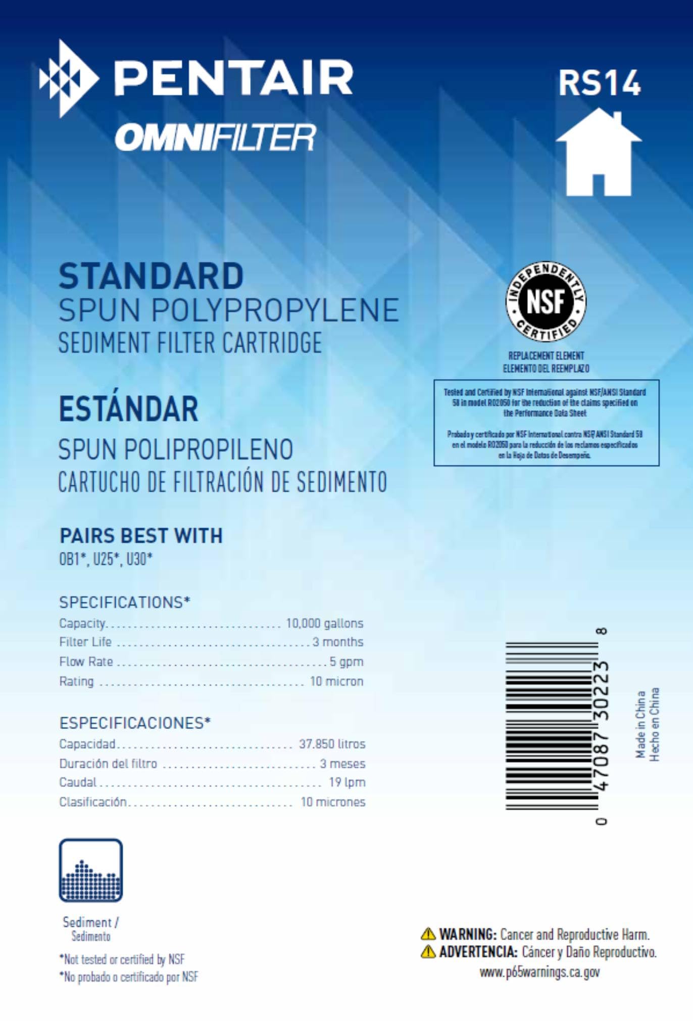 Pentair OMNIFilter RS14 Sediment Water Filter, 10-Inch, Standard Whole House Polypropylene Spun Sediment Replacement Filter Cartridge, 10" x 2.5", 10 Micron, Pack of 1
