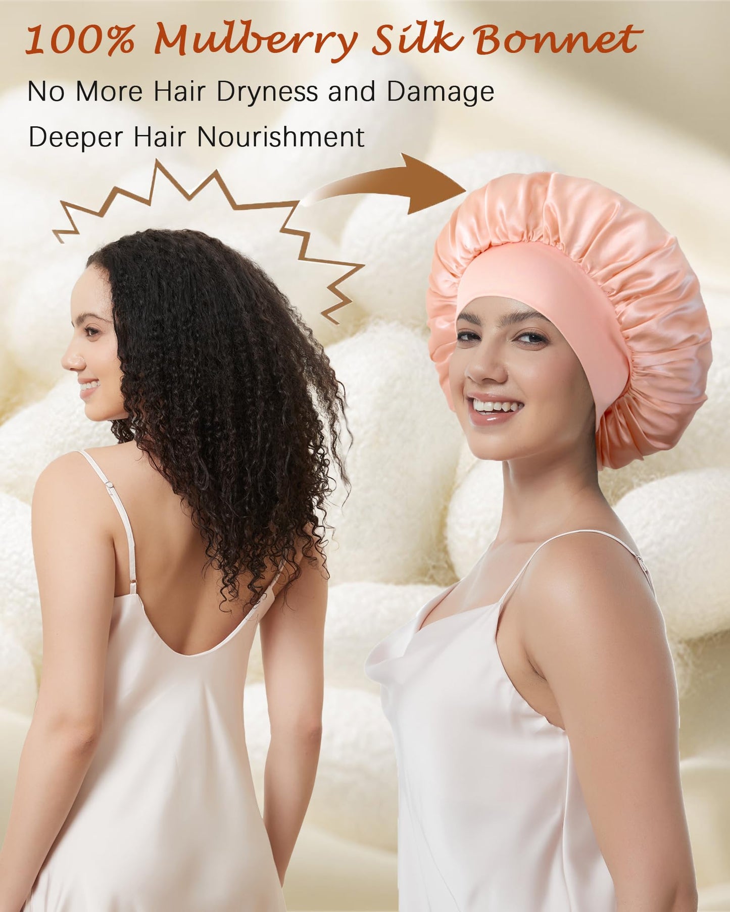 100% Mulberry Silk Bonnet for Sleeping Women, Real Pure Silk Hair Bonnets for Women Sleeping, Double Layer Sleep Cap with Soft Elastic Band for Curly Hair