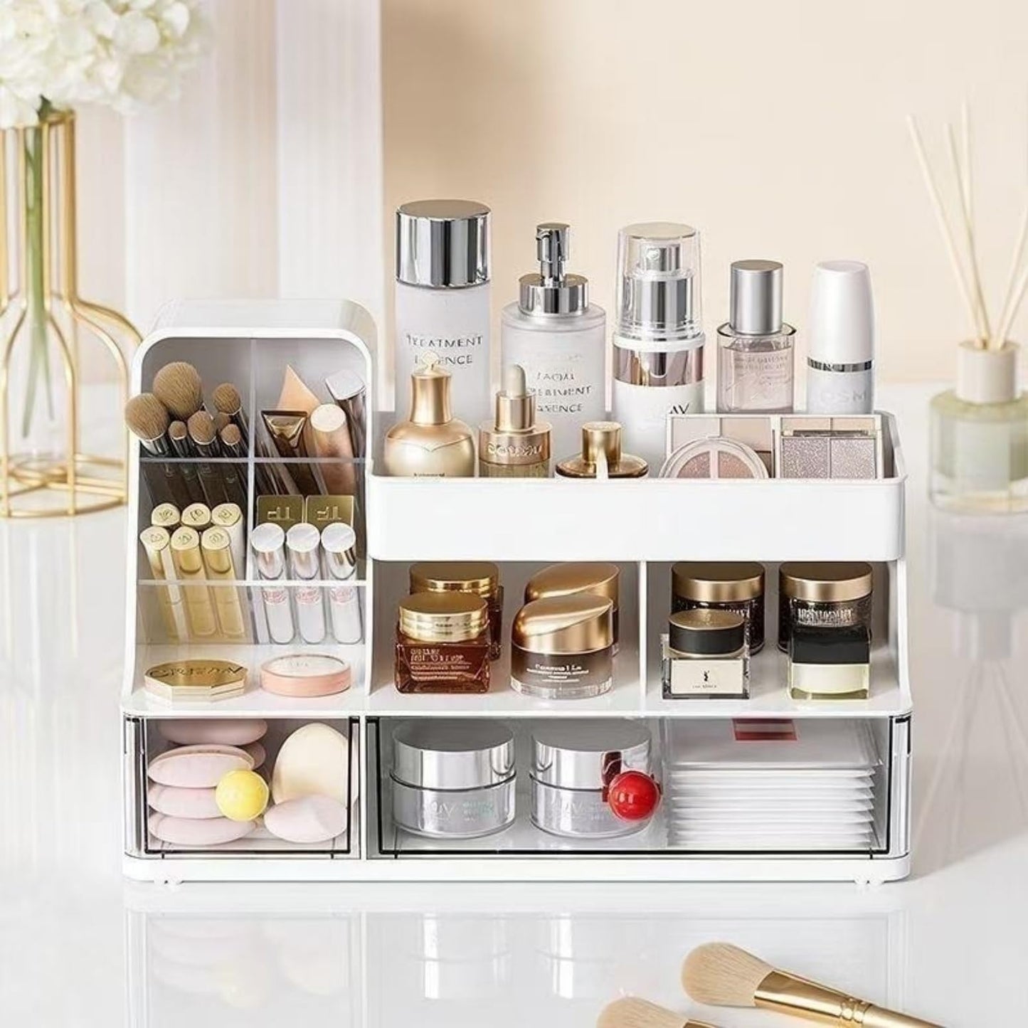 Makeup Organizer with Drawers for Vanity,Bathroom Countertop Organizer with Brushes Holder,Skincare Storage Organizer,Perfect Cosmetic Display Case for Your Beauty Essential