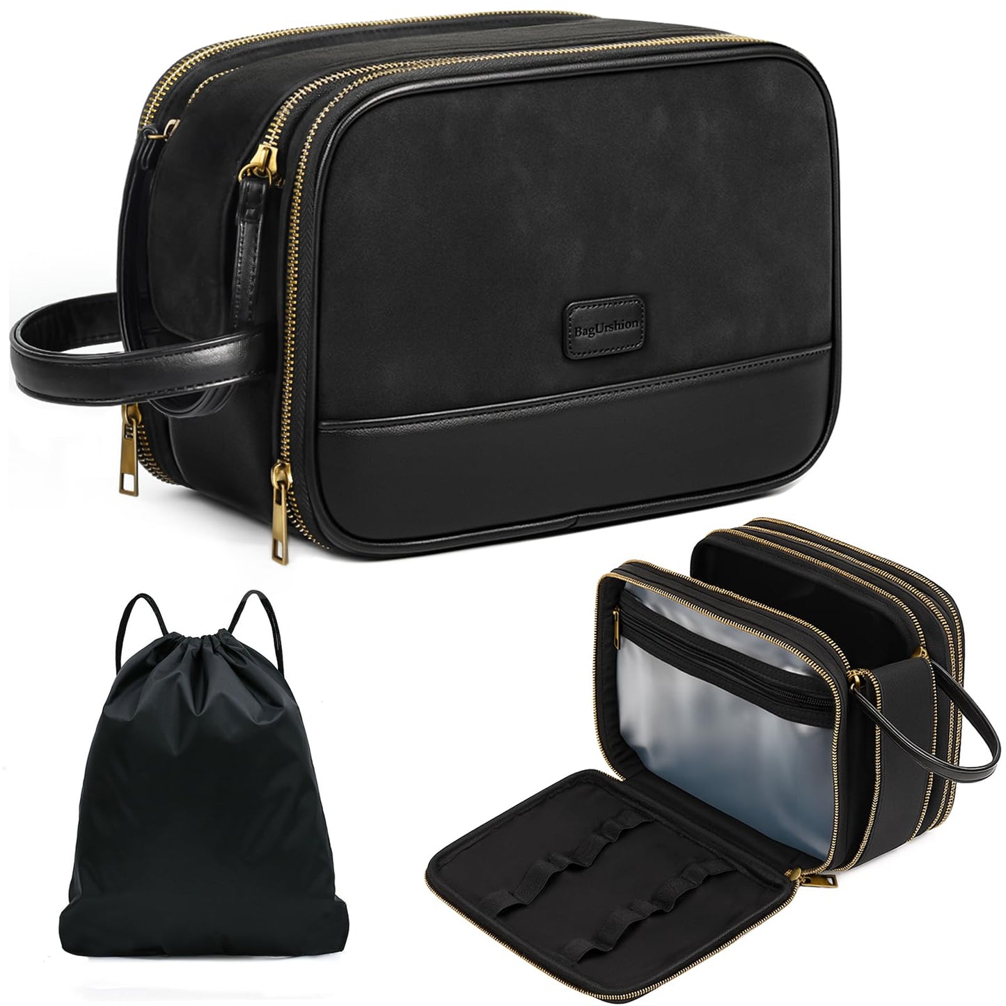BagUrshion Toiletry Bag for Men,Travel Toiletries Bag Mens,Pu Leather Shaving Bag for Toiletries Accessories,Extra Large Traveling Essentials,Water Resistant Organizer (Black)