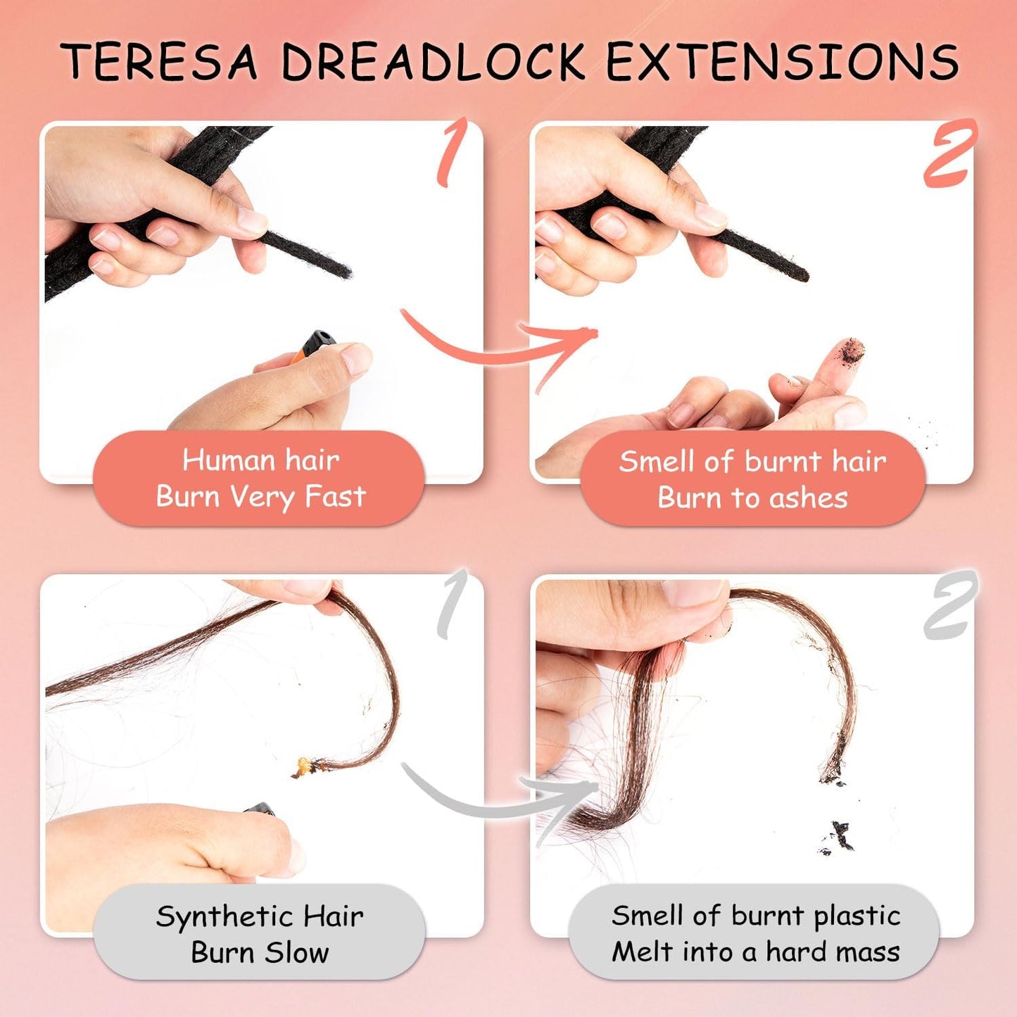 Teresa Dreadlock Extensions Real Human Hair 16 Inch 0.6cm Width Loc Extension Human Hair 10 Strands Full Hand-made Permanent Locs Extensions Natural Black Can Be Dyed and Bleached for Men/Women/Kids