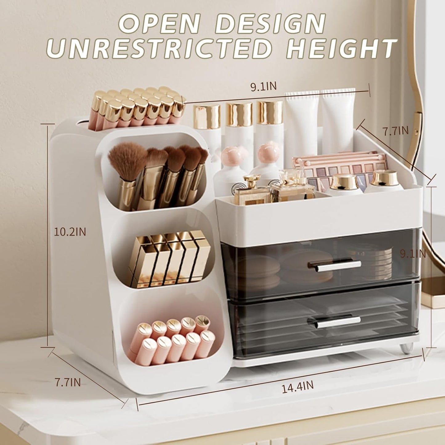 Makeup Organizer - Large Capacity Cosmetics Display Case with Drawers | White Beauty Storage Box