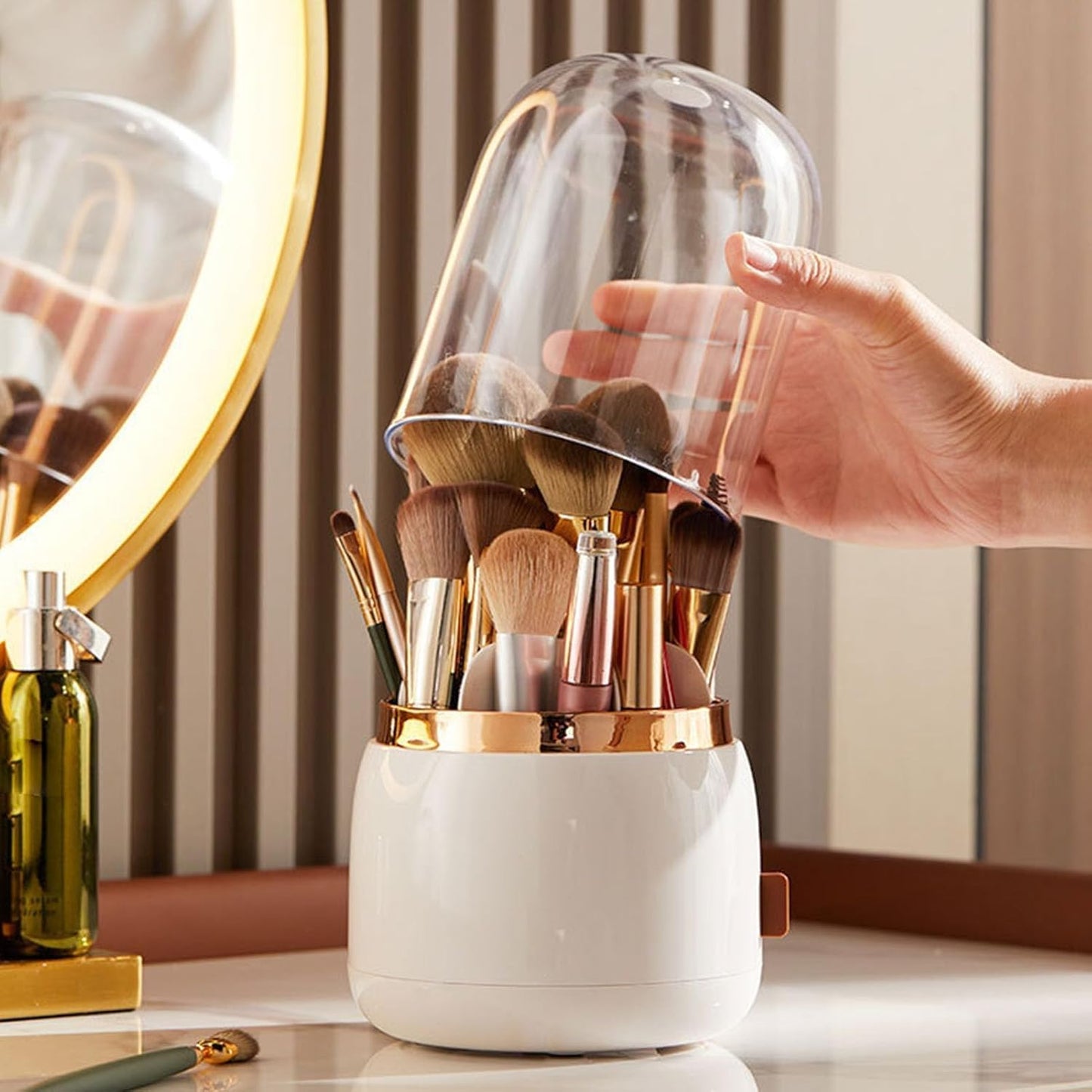 Makeup Brush Holder - 360° Rotating Makeup Organizer with Lid | White Storage Solution for Home