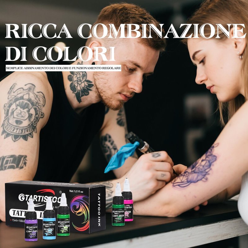 GTARTISTOO Tattoo Ink Set 16 Colors 1/2 oz (15ml) Professional Vegan-Friendly Tattoo Pigment Supplies Kit Color Inks for Beginners