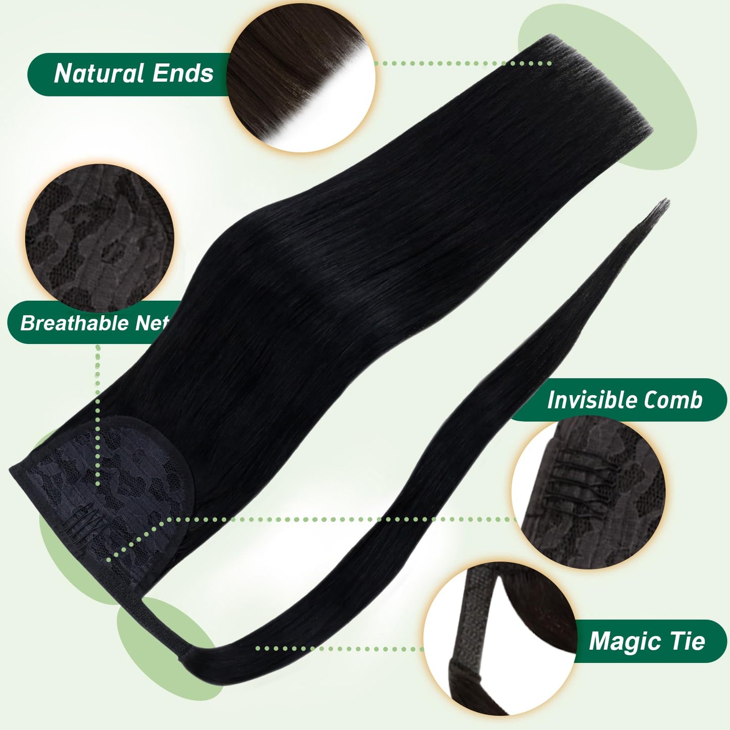 Easyouth Ponytail Extension Human Hair, Jet Black, 12 Inch 70G, Pony Tail Extensions, Flexible Wrap Around Ponytail, Short Straight Hair Extensions