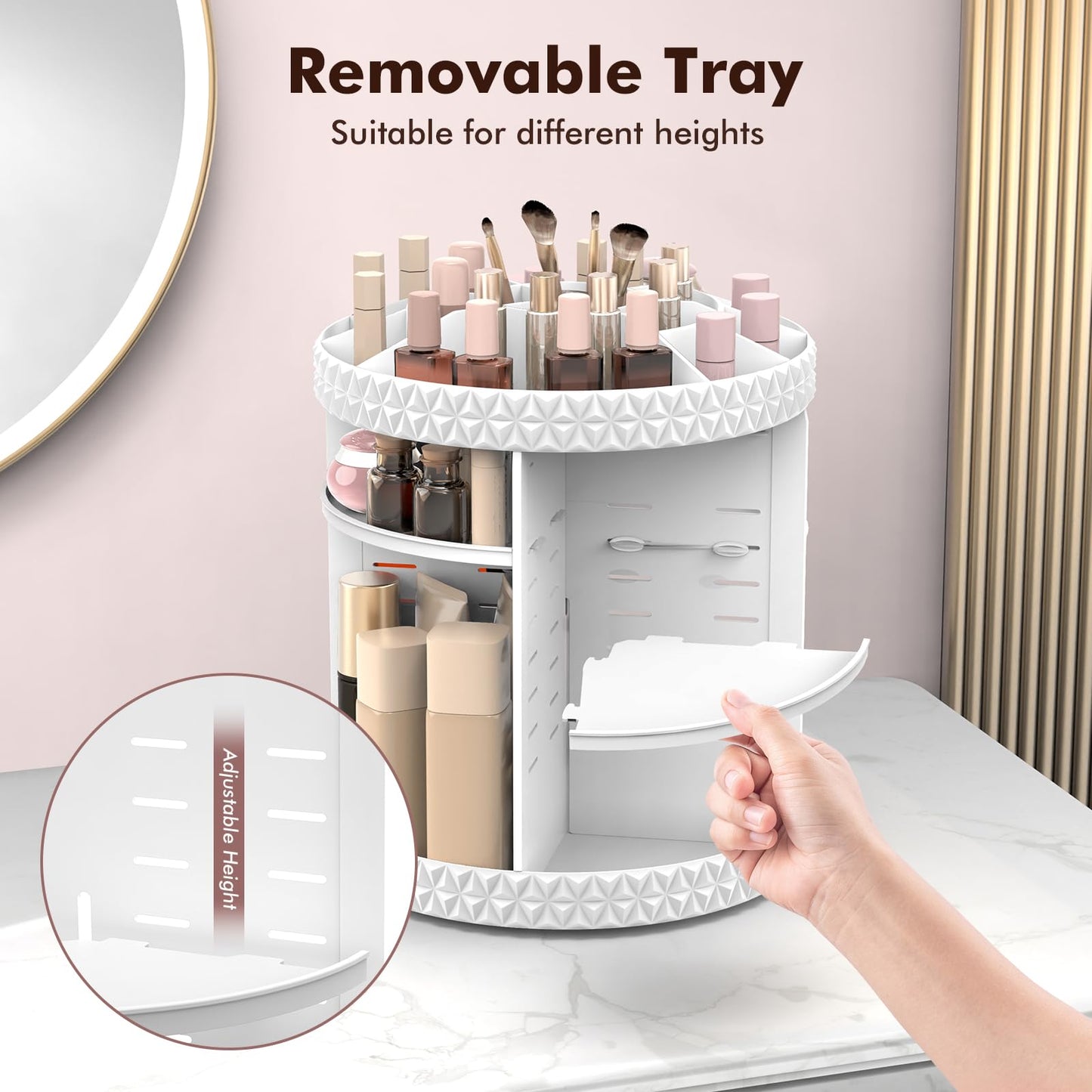Rosoenvi Rotating Makeup Organizer, Adjustable Vanity Organizer, Large Capacity Cosmetic Display Case for Spinning, Storage Carousel for Bathroom and Vanity Countertop, Diamond Pattern, Large, White