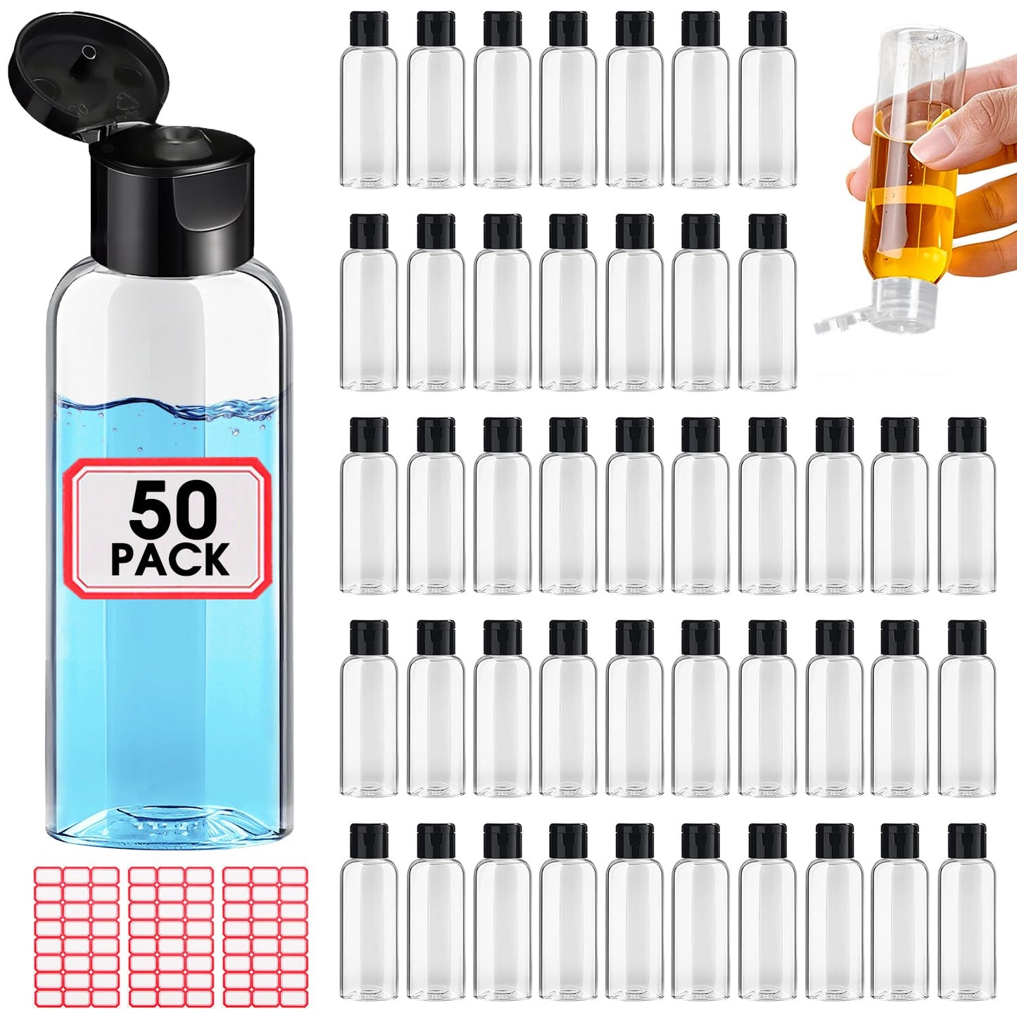 50pcs Empty 3.4 oz Travel Bottles with Flip Black Cap for Liquids Lotion