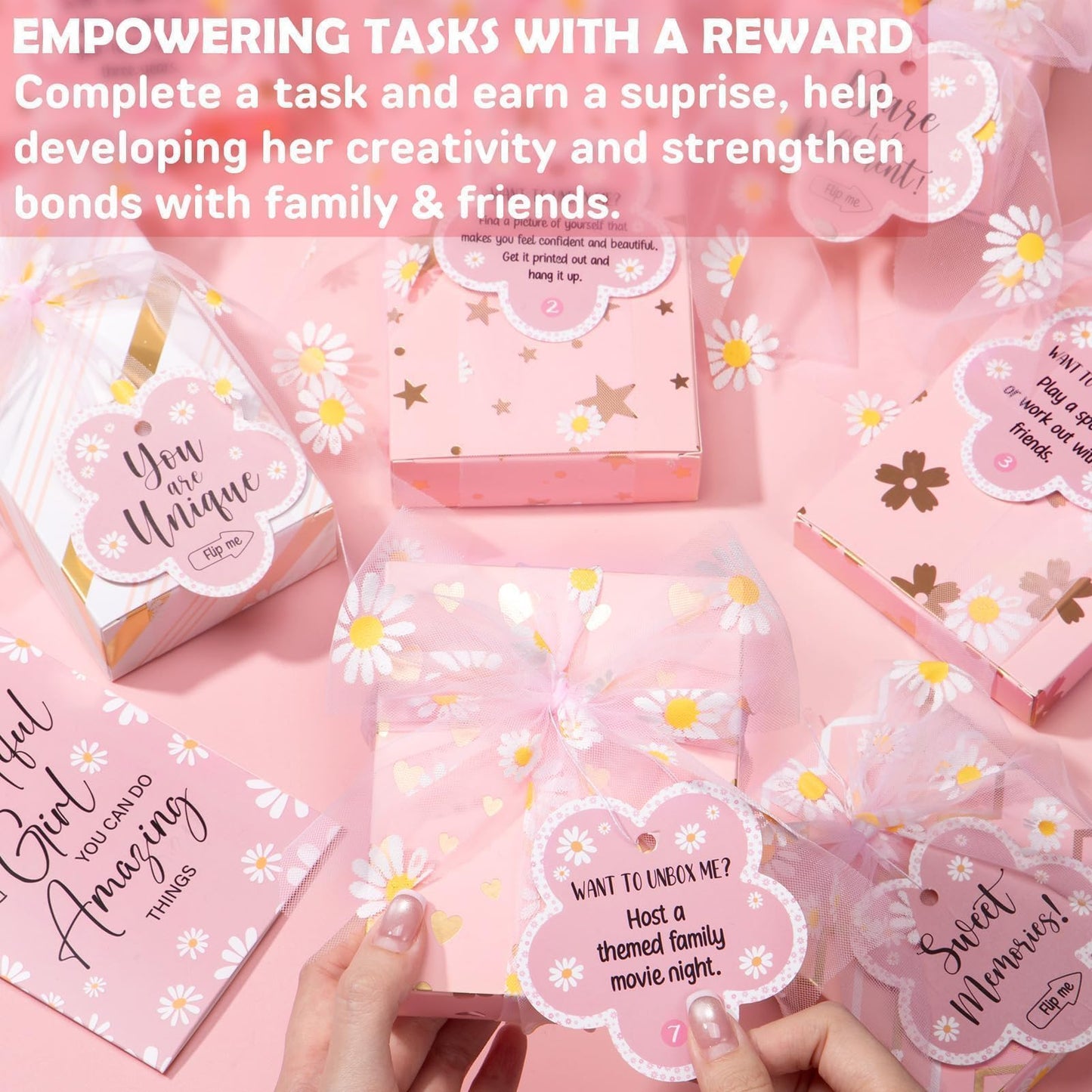 Easter Basket Gifts for Tween & Teen Girls, 8 PCS Birthday Gift Teenage Girl Gifts Trendy Stuff w/Fun Task Tag Makeup Brushes & Bag, Empower Positive Wrapped Gift Prefilled Stuffers for Daughter Niece