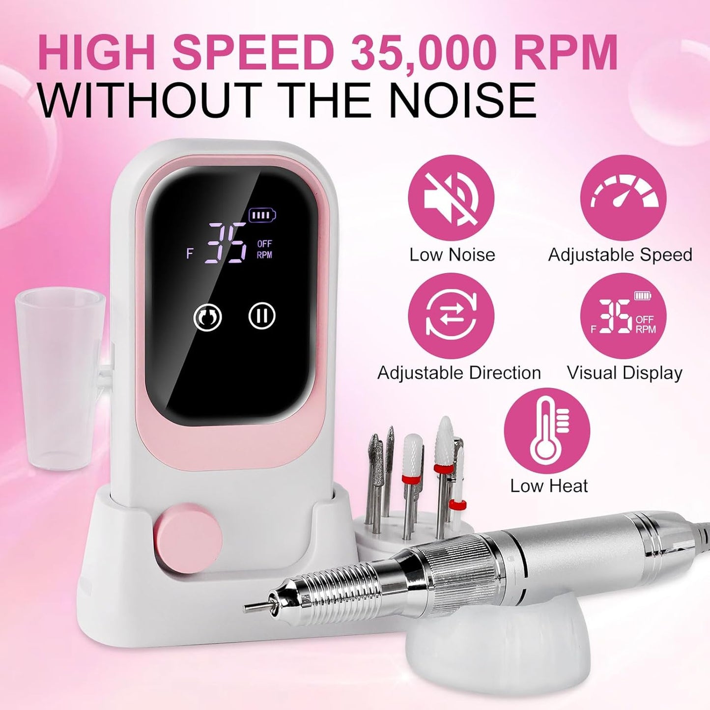 Electric Nail Drill - Professional 35000RPM Pink Nail File with Rechargeable Base & Bits | Essential for Acrylic Nails & Salon Use