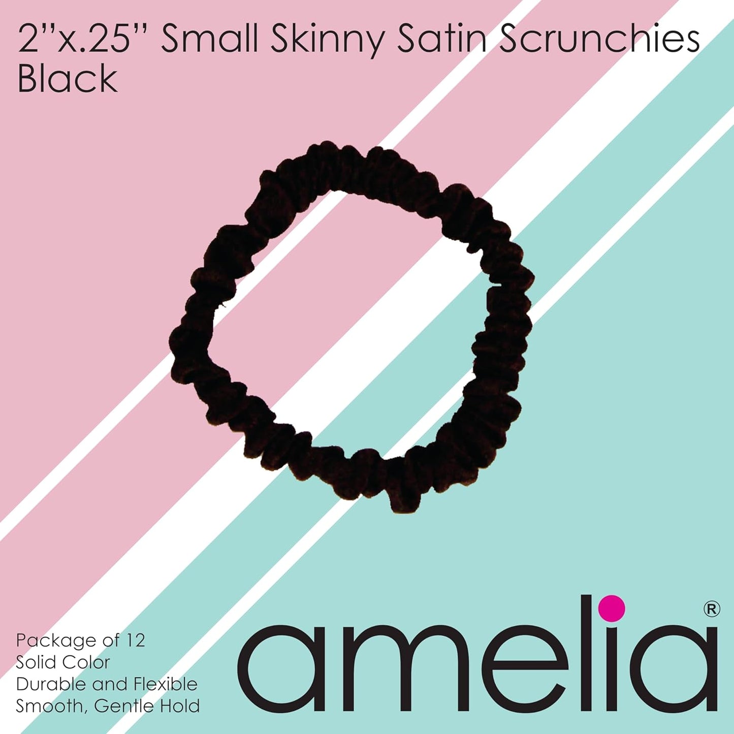 Amelia Beauty, Black, Skinny Satin Scrunchies, 12 Pack – 2in Diameter, Gentle & Strong Hold, No-Snag, No-Dent, Crease-Free Hair Ties