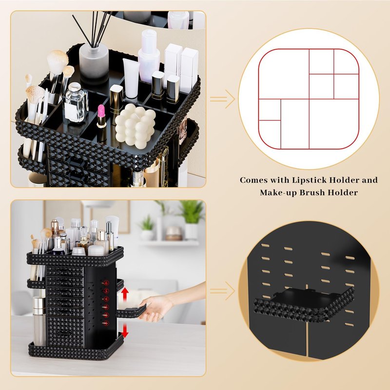 360 Rotating Makeup Organizer - Large Clear Acrylic Vanity Storage with 6 Drawers | Adjustable Spinning Cosmetic & Perfume Holder (Black)