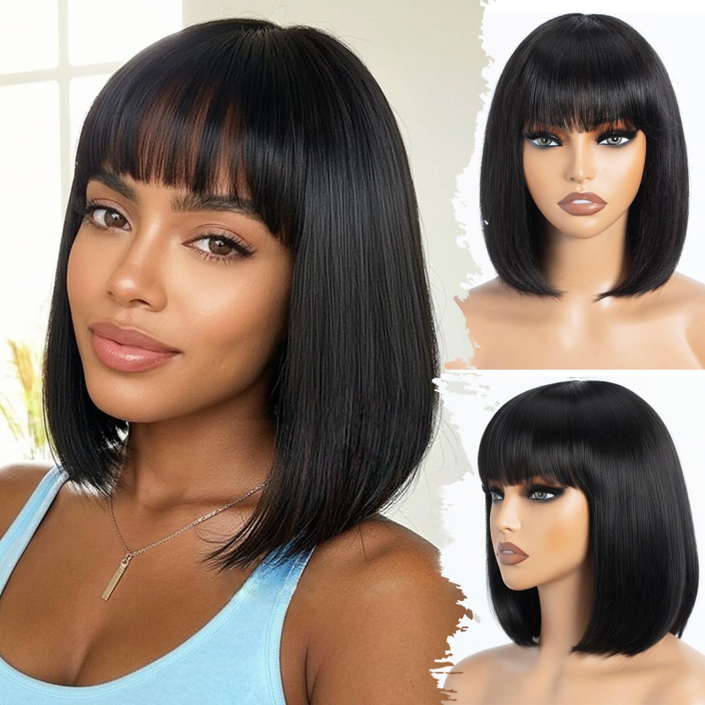 Bob Human Hair Wig With Bangs Wear and Go Glueless Wig 180% Density