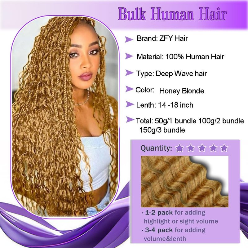 ZFY Human Braiding Hair 100g 16 Inch Deep Wave Bulk Human Hair for Braiding Boho Braids 100% Unprocessed Brazilian Virgin Human Hair Extensions No Weft 2 Bundle/Pack White Blonde