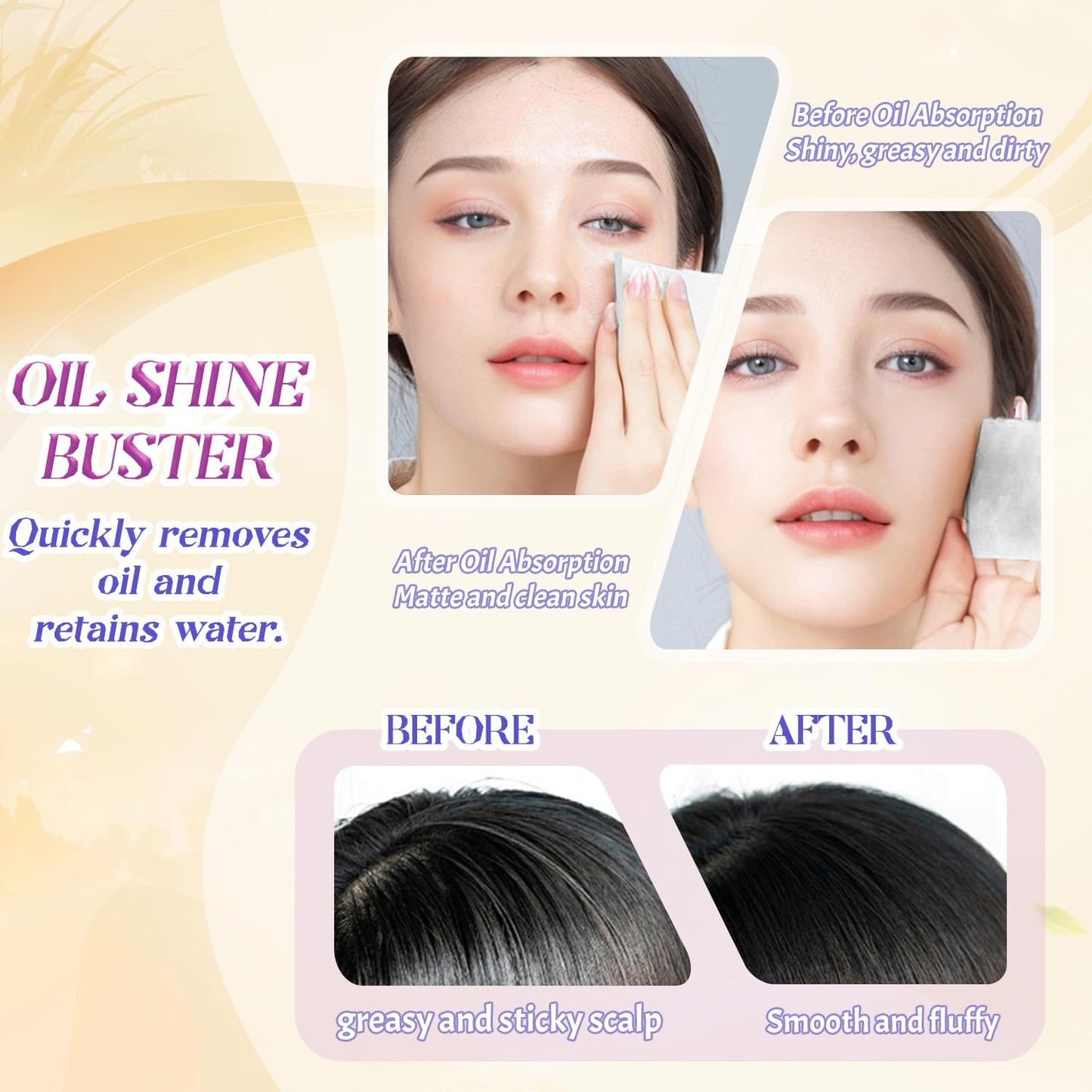 3-in-1 Oil Blotting Paper Set - 100 Sheets for Oily Skin | Portable Mirror & Adhesive Makeup Puff - Yellow