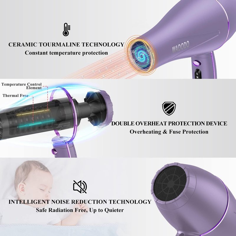 Ionic Hair Dryer - 2200W Professional Blow Dryer for Fast Drying | Low Noise, Travel-Friendly, Curly Hair Care (Purple)