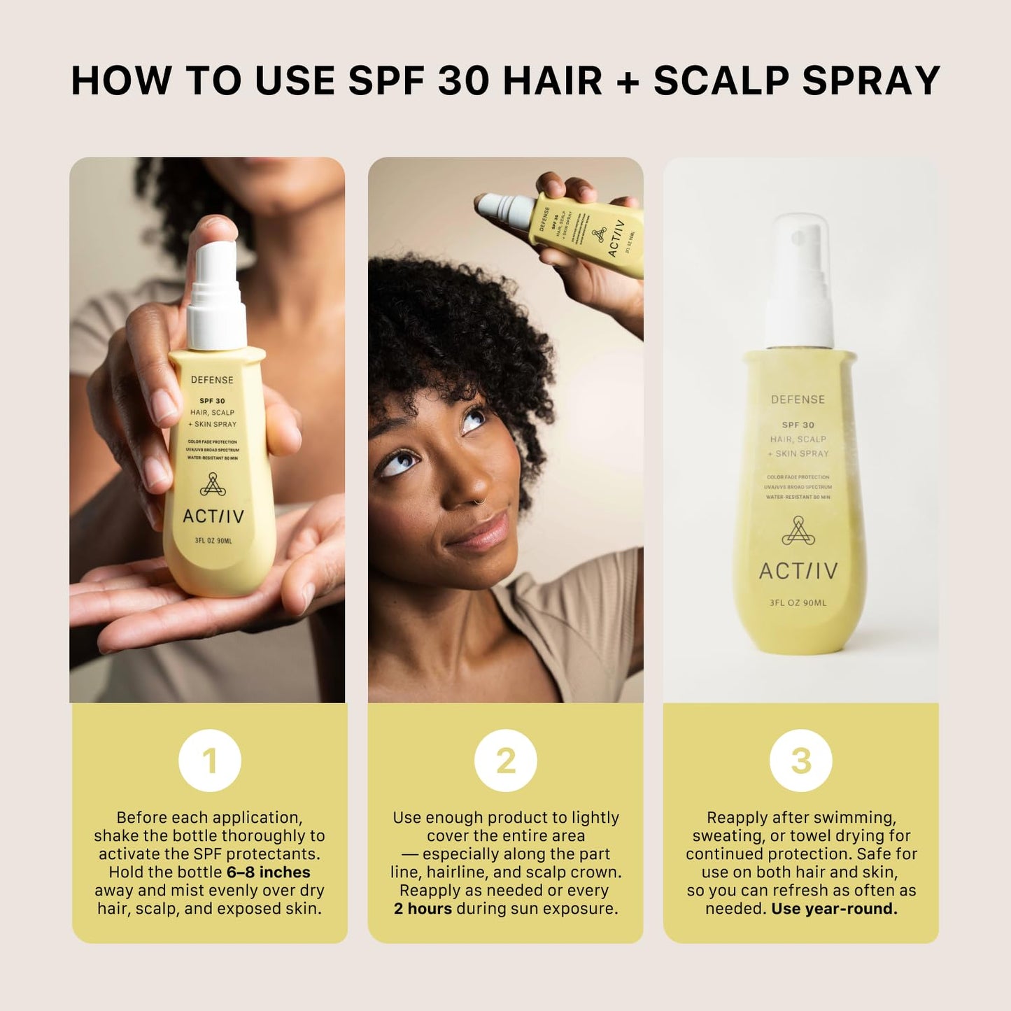 ACTIIV Defense SPF 30 Hair, Scalp + Skin Spray | Protects Hair & Scalp From UV Damage, Maintains Scalp Health, Lightweight Non-Greasy Formula, Water-Resistant,Plant-Based, All Hair Types, 3 oz