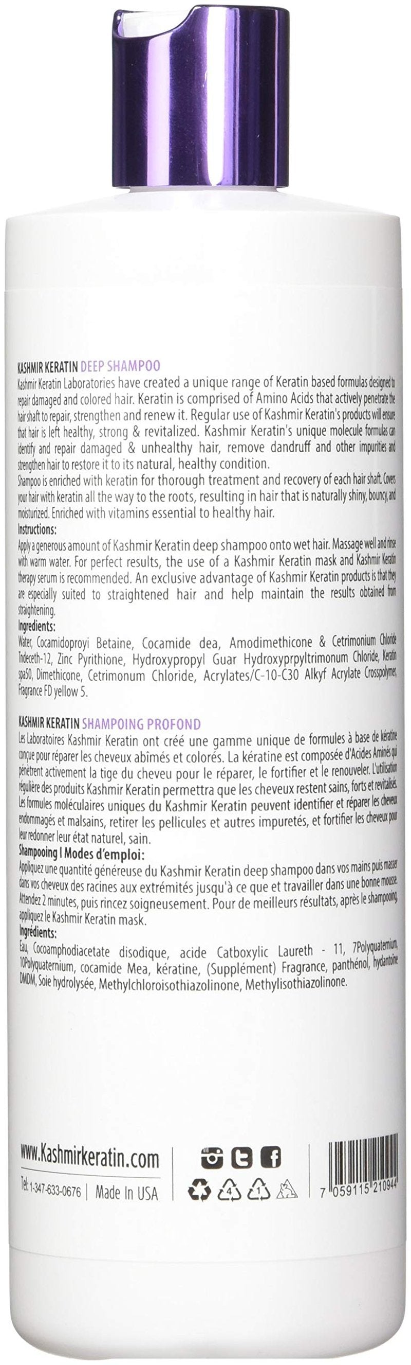 Kashmir Keratin Shampoo- Deep Ideal for Oily Hair - Absolute Repair Smoothing Treatment for Healthier, Vibrant Hair- Sulfate & Paraben Free (16 Fl Oz)