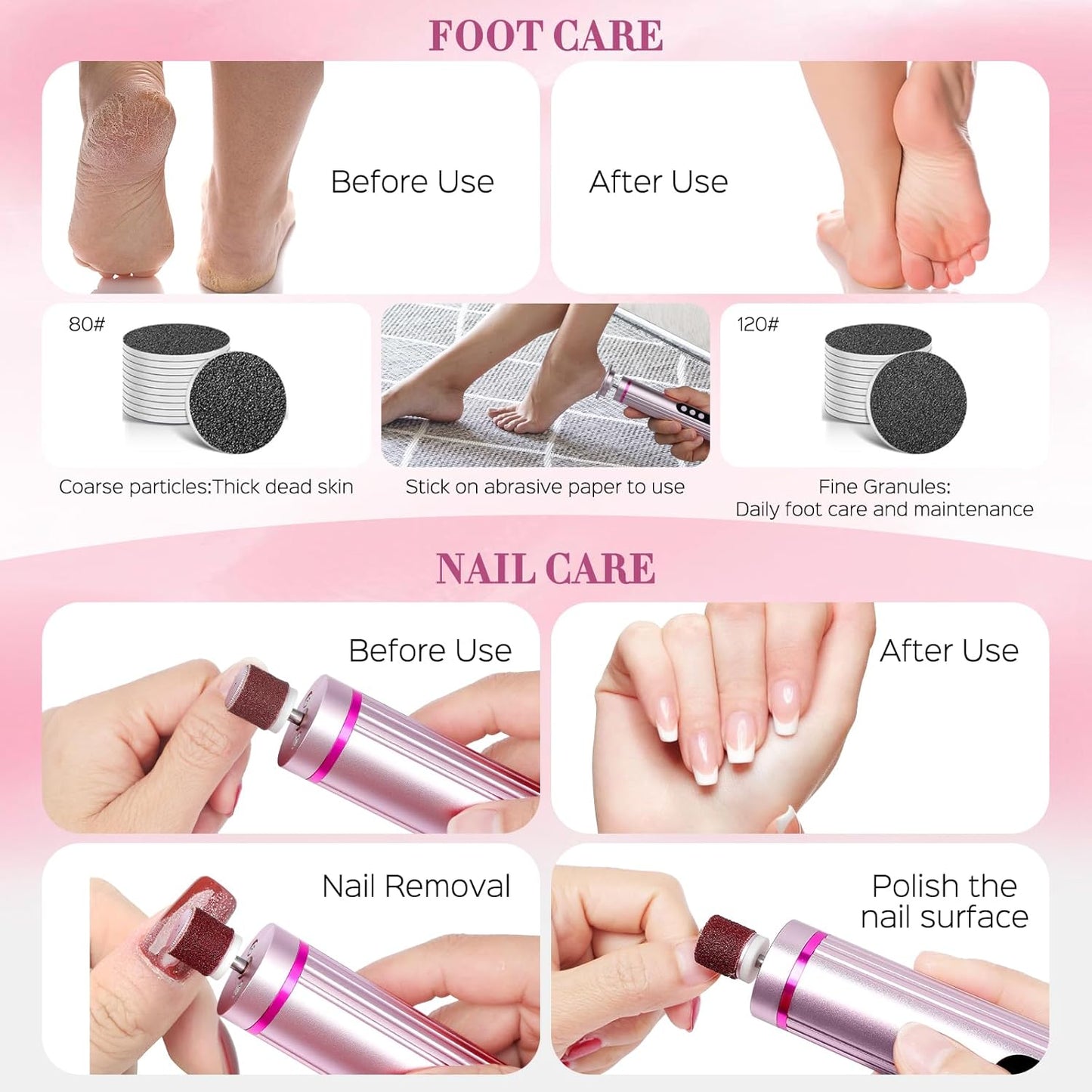 Electric Foot Callus Remover - 2 in 1 Rechargeable Pedicure Tool with 9 Speeds & Digital Display | Pink