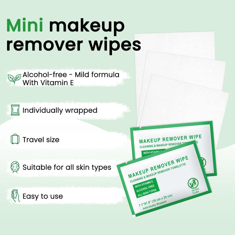 HAIFOTRVA Individual Makeup Remover Wipes Bulk - Pack of 200,Green Individually Wrapped Face Cleansing Wipes Travel Size for Mascara,Lipstick,Skin Care,Hotel Toiletries