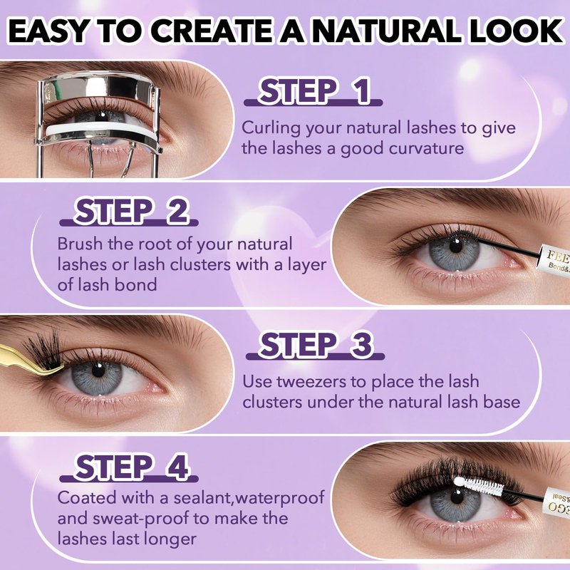 FEEGO Lash Extension Kit 100D/ 200D Fluffy 10-20MM D Curl Lash Clusters Eyelash 160pcs Extension Kit Individual Double headed mascara brush and Seal Lash Remover Lash (200D LASH KIT)