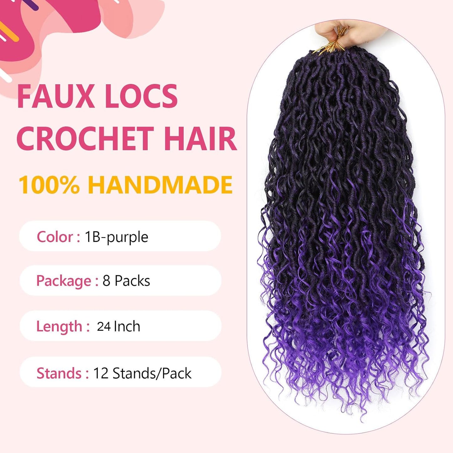 Boho Faux Locs Crochet Hair - 24 Inch Soft Locs with Curly Ends | Pre-Looped Goddess Locs for Black Women - 1B/Purple