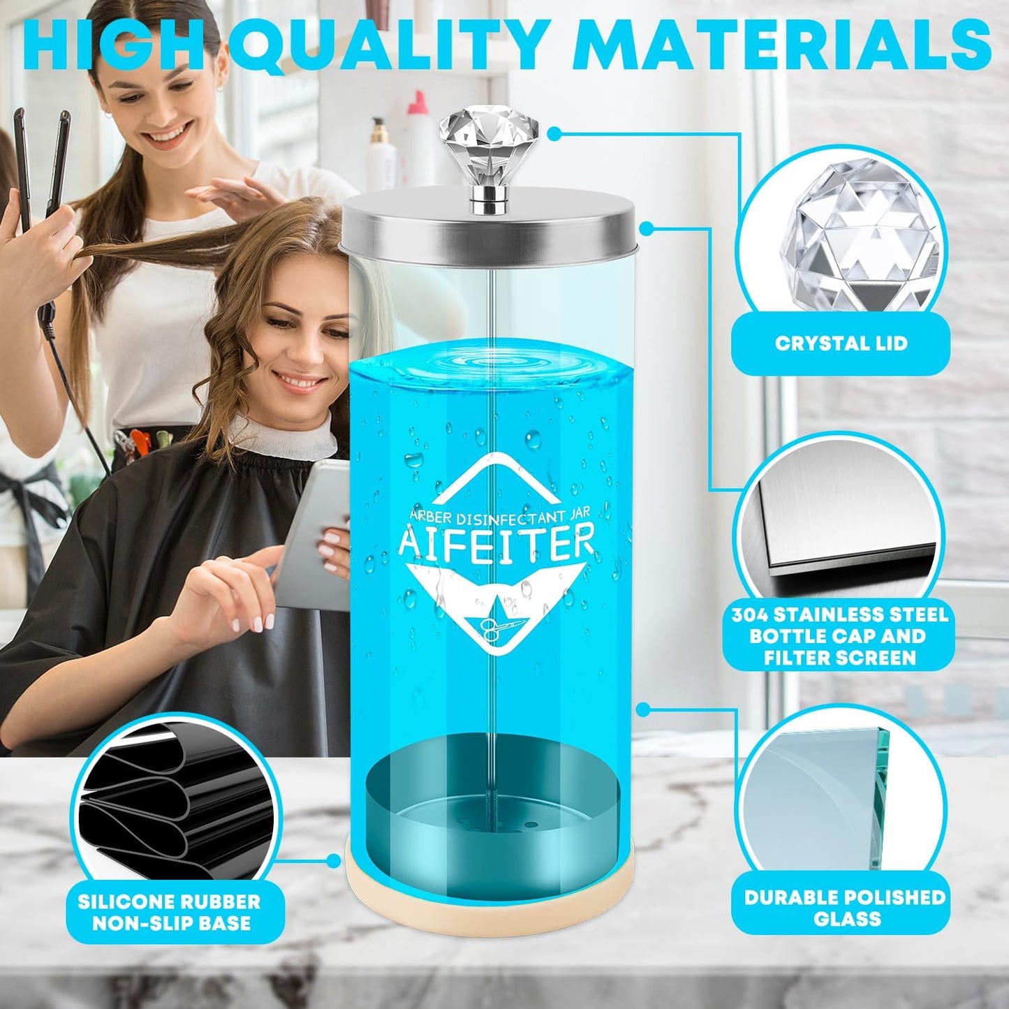 Barber Disinfectant Jar - 42 Oz Sterilizing Jar with Stainless Steel Tray & Removable Basket | Essential Salon Tool