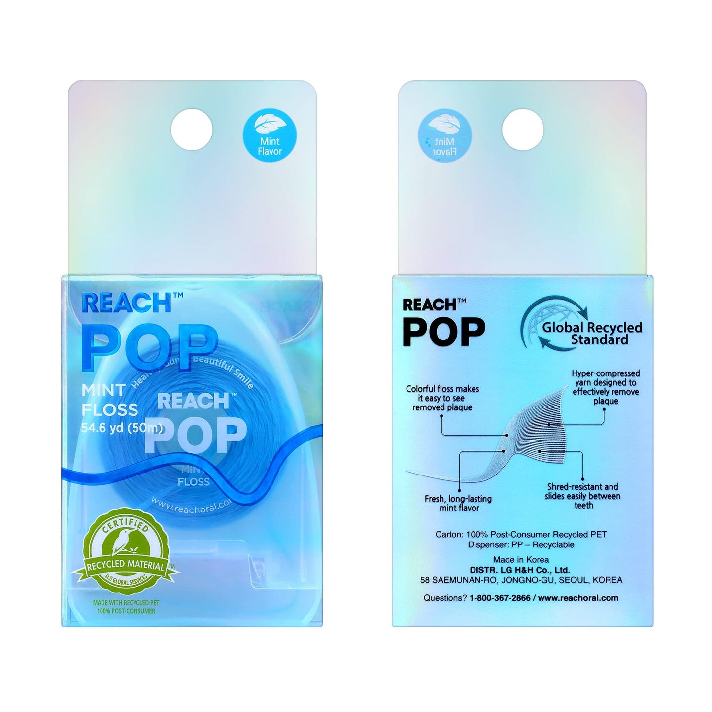 REACH POP Dental Floss, Mint, Plaque Remover for Teeth, Shred Resistant, Vegan Wax, Cruelty Free, Eco Friendly Packaging, Oral Care, PFAS Free, for Adults & Kids, 6 Pack, 54.6 yd