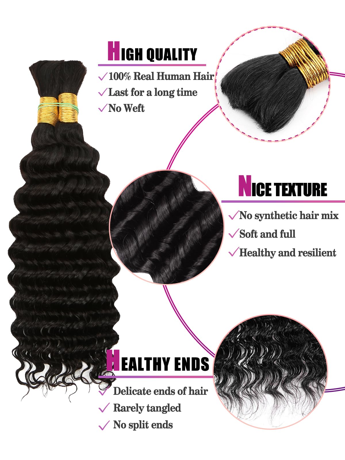 Human Braiding Hair Deep Wave Bulk Human Hair,1B Black No Weft Curly Braiding Hair Extensions for Boho Braids Wet and Wavy Braiding Human Hair Bundles(18inch,1B,100g)